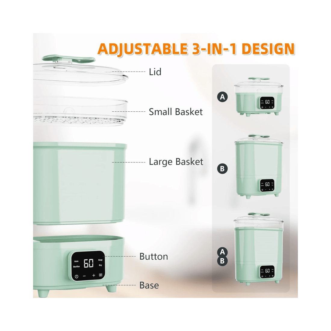 6 Advwin Baby Bottle Sterilizer, 4-in-1 Electric Steam Bottle Steriliser, Universal Fit For All Baby Items, Green, 6 of 8