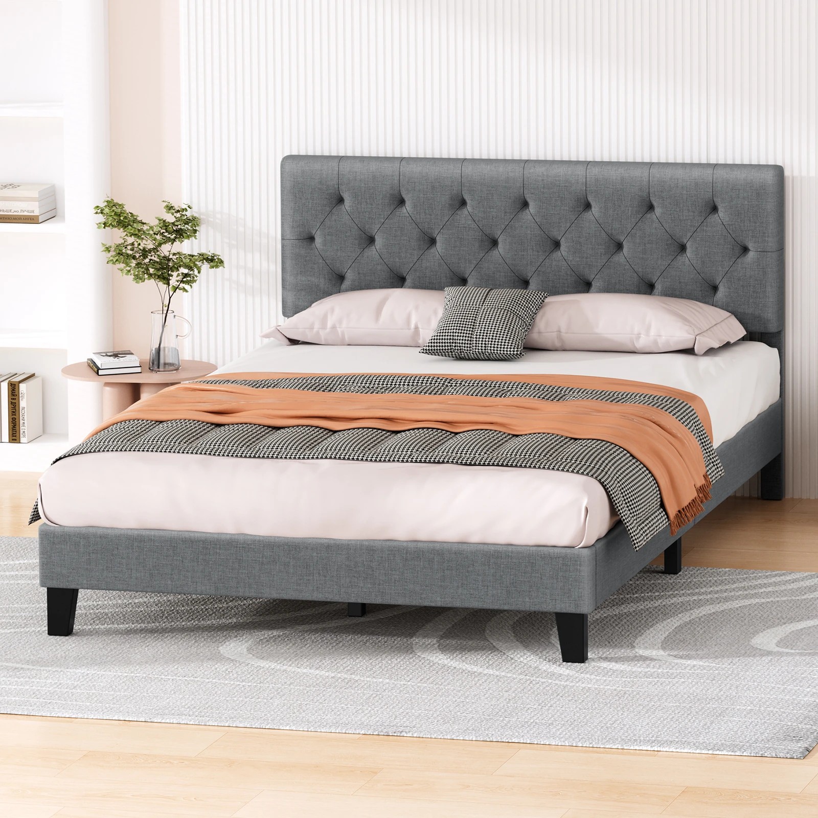 8 Alfordson Bed Frame King Size Tufted Headboard Modern Fabric Meduna - Grey, 8 of 9