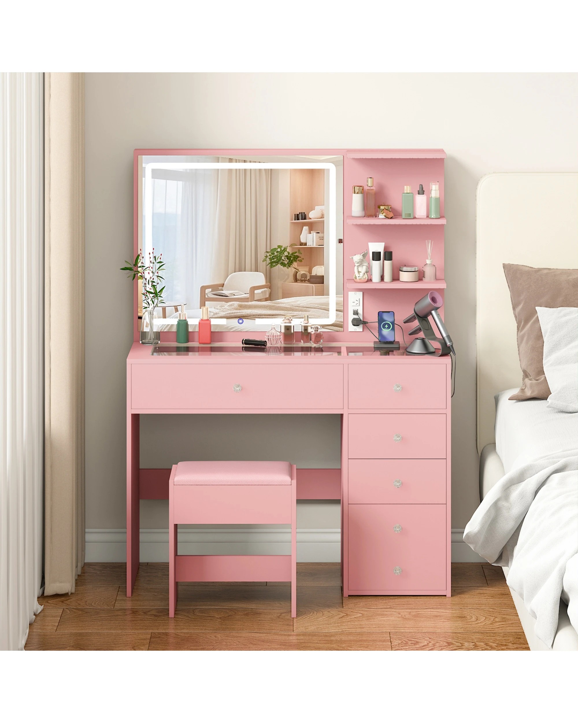 7 Advwin Dressing Table with LED Mirror 5 Drawers and Charging Station - Pink, 7 of 8