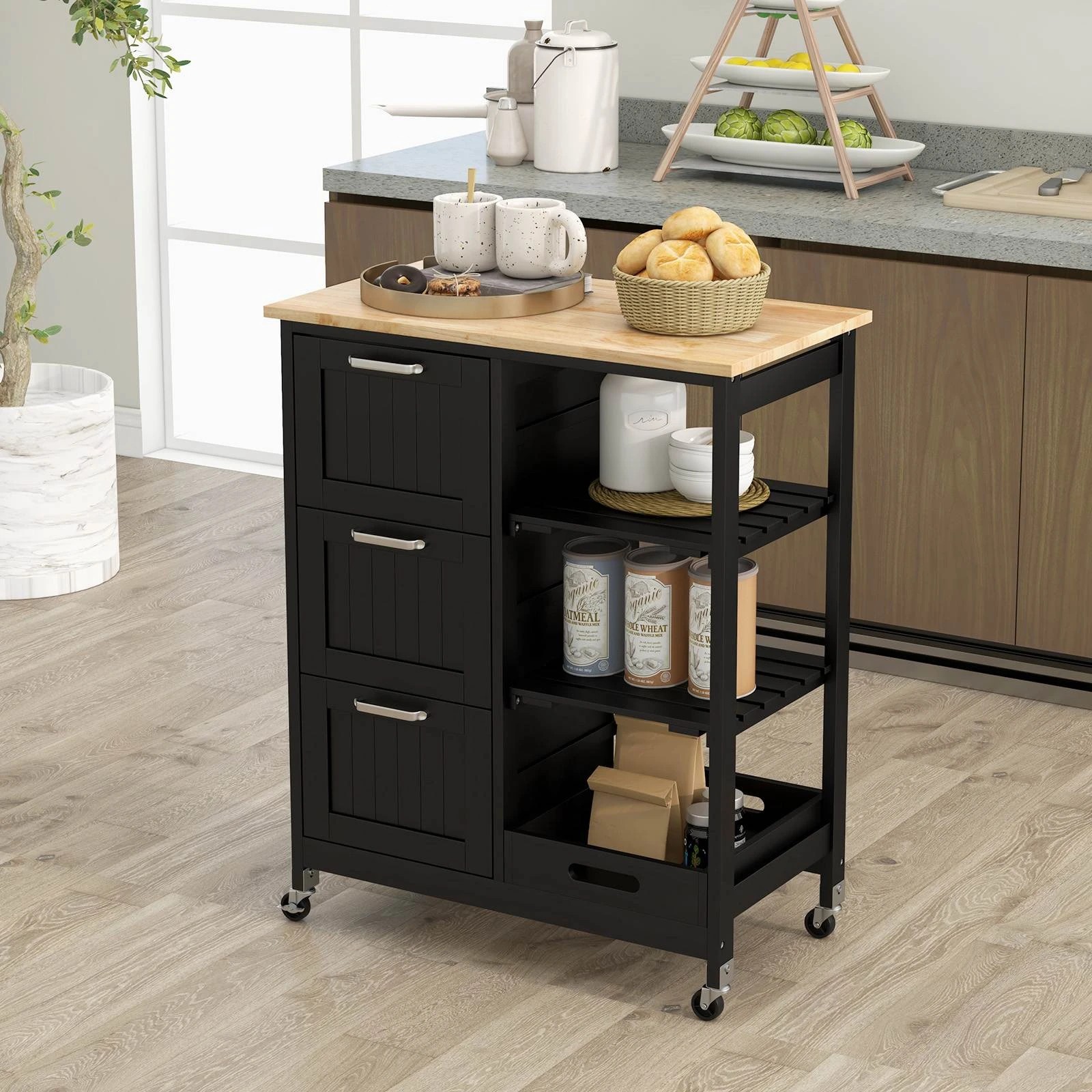 4 Costway Kitchen Island 3-Tier Trolley Black, 4 of 5