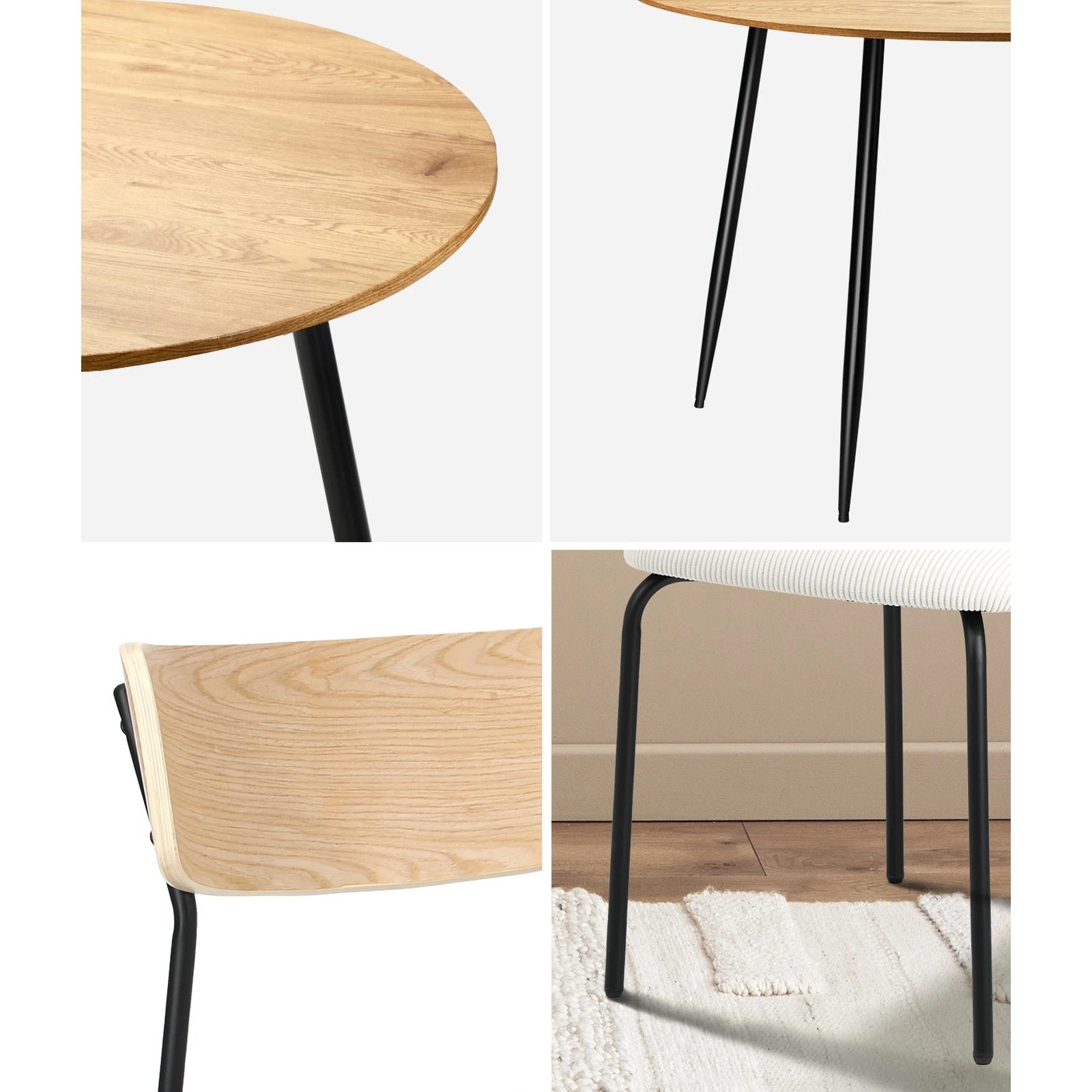 5 Oikiture 1.1m Dining Table Set with Corduroy Chairs 4-Seater Kitchen Furniture - Natural, 5 of 9