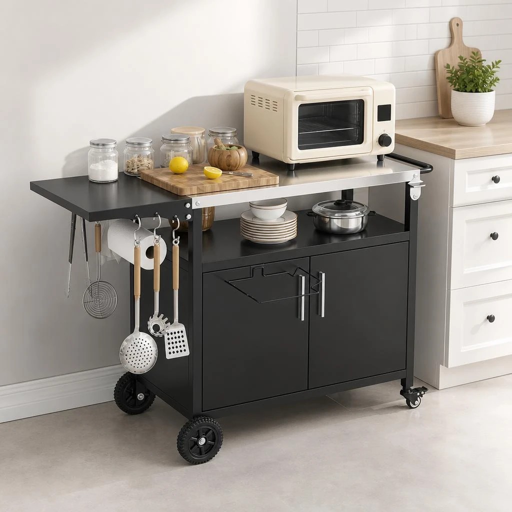 7 Costway Outdoor BBQ Grill Cart 84cm Kitchen Island Trolley Folding Stainless Food Prep Cabinet - Black, 7 of 7