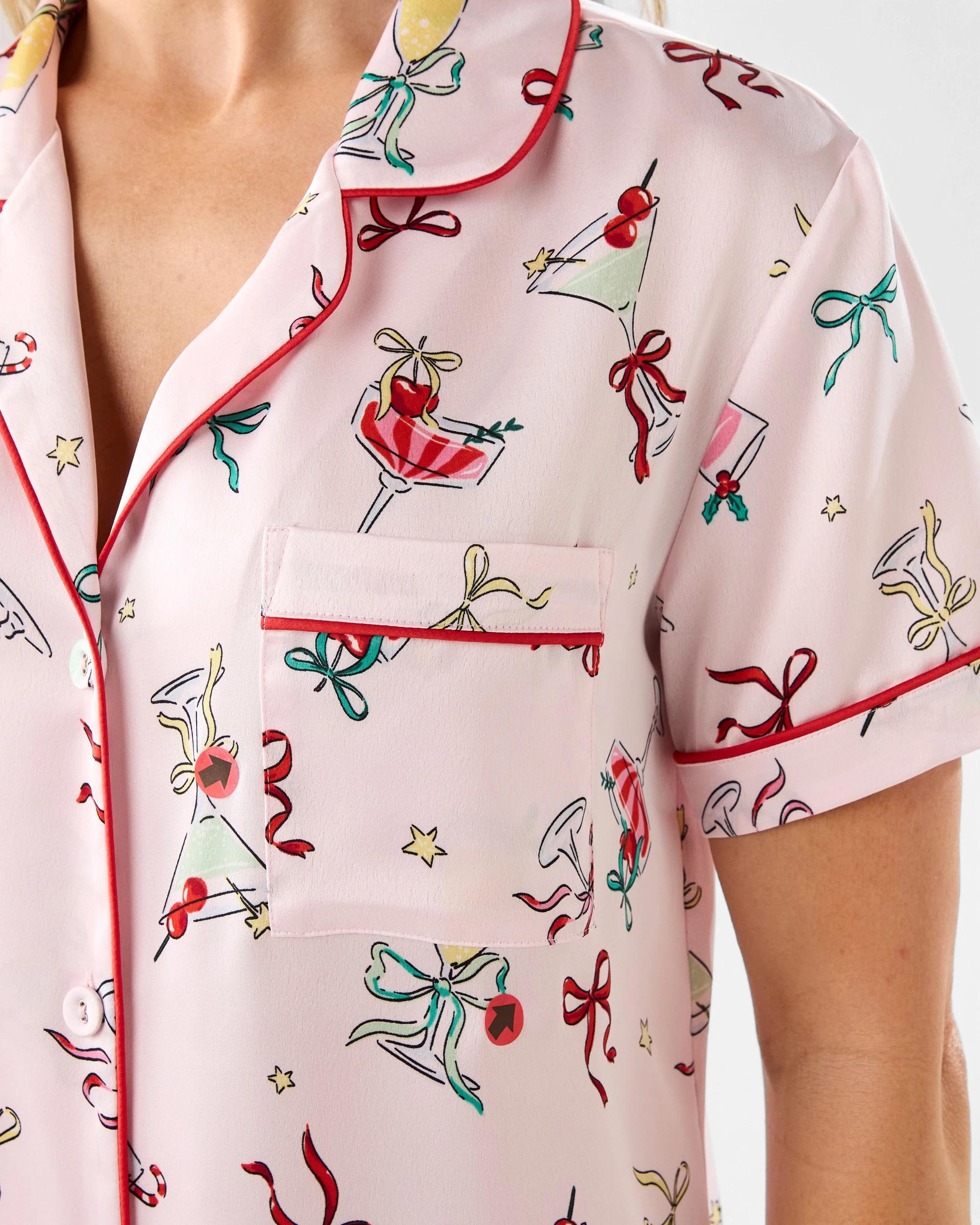6 Christmas Short Sleeve and Short Satin Pyjama Set Xmas Wine, 6 of 9