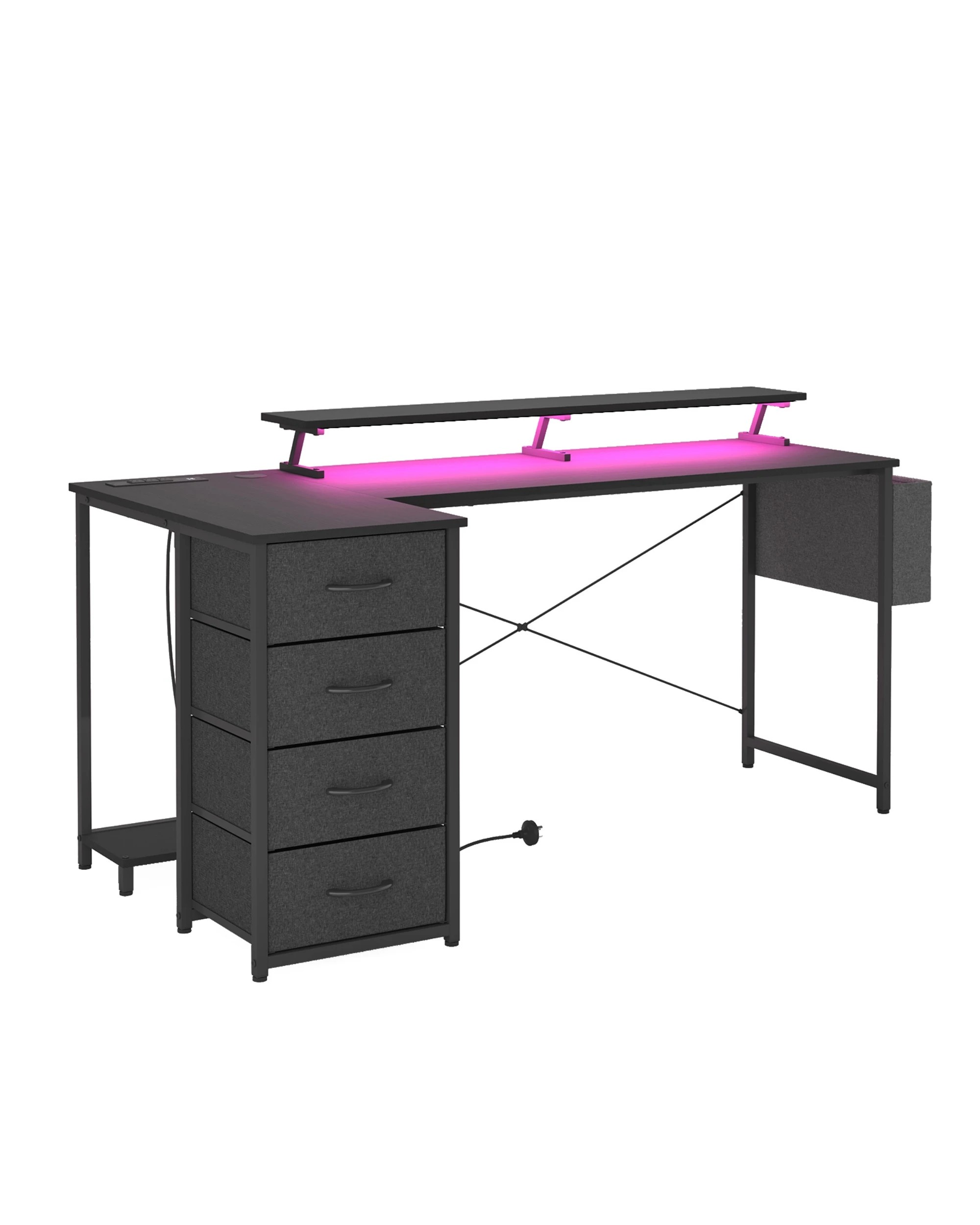 4 Advwin 160cm L Shaped Gaming Desk With Led Lights & Power Outlets Convertible Computer Desk With Monitor Stand - Black, 4 of 6