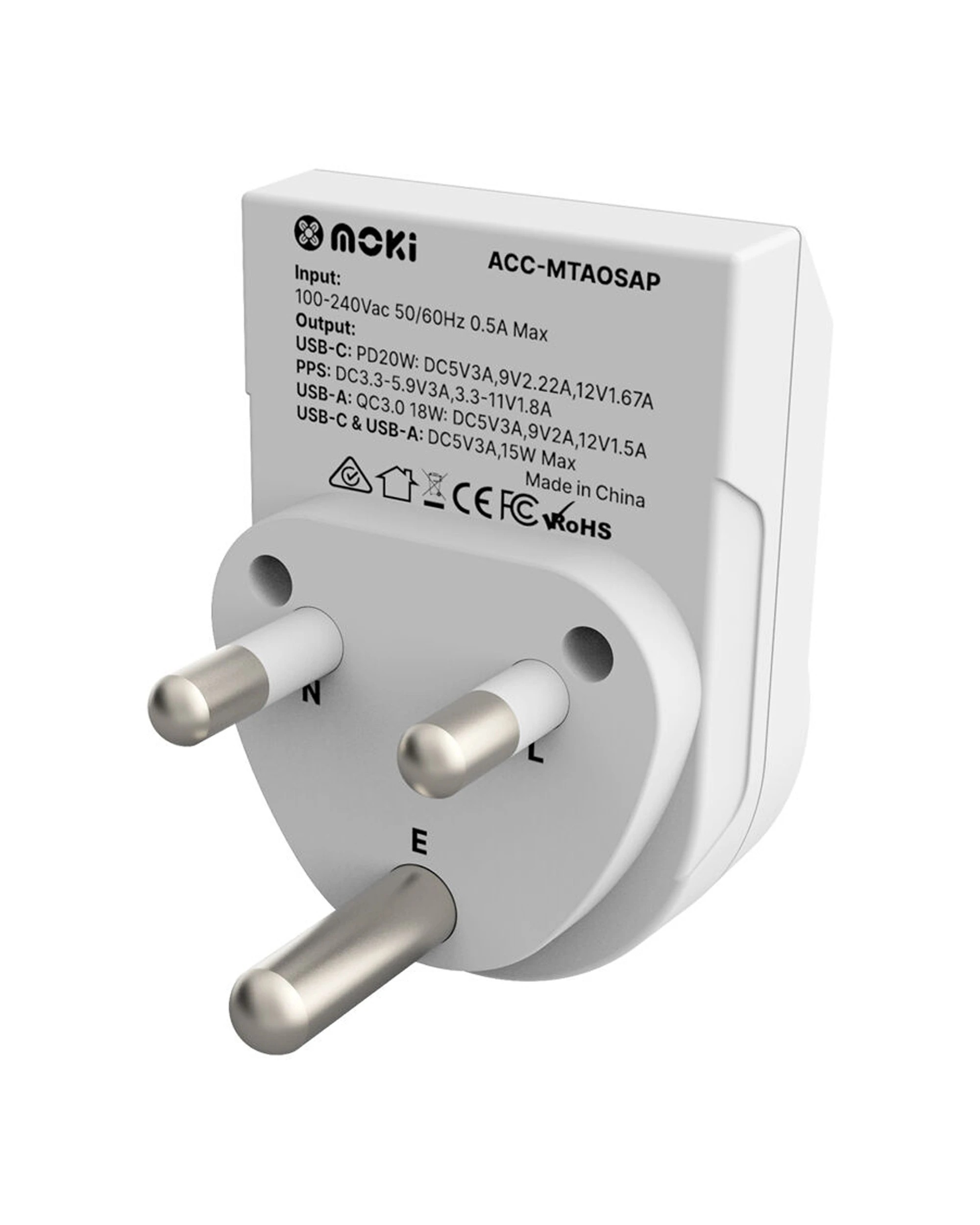 3 Moki 2PK Travel Adaptor Plus Outbound AU/NZ to South Africa with Type-C - White, 3 of 4