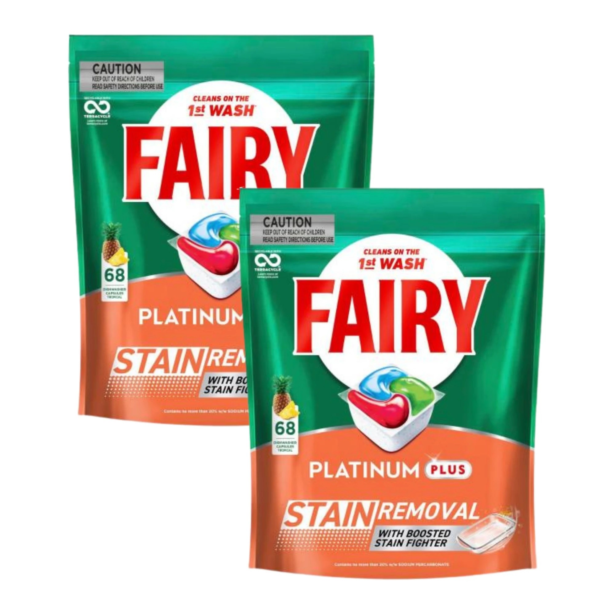 1 Fairy Platinum Plus Tropical Dishwasher Capsules 68 Pack x2 DATED 07/08/26, 1 of 1