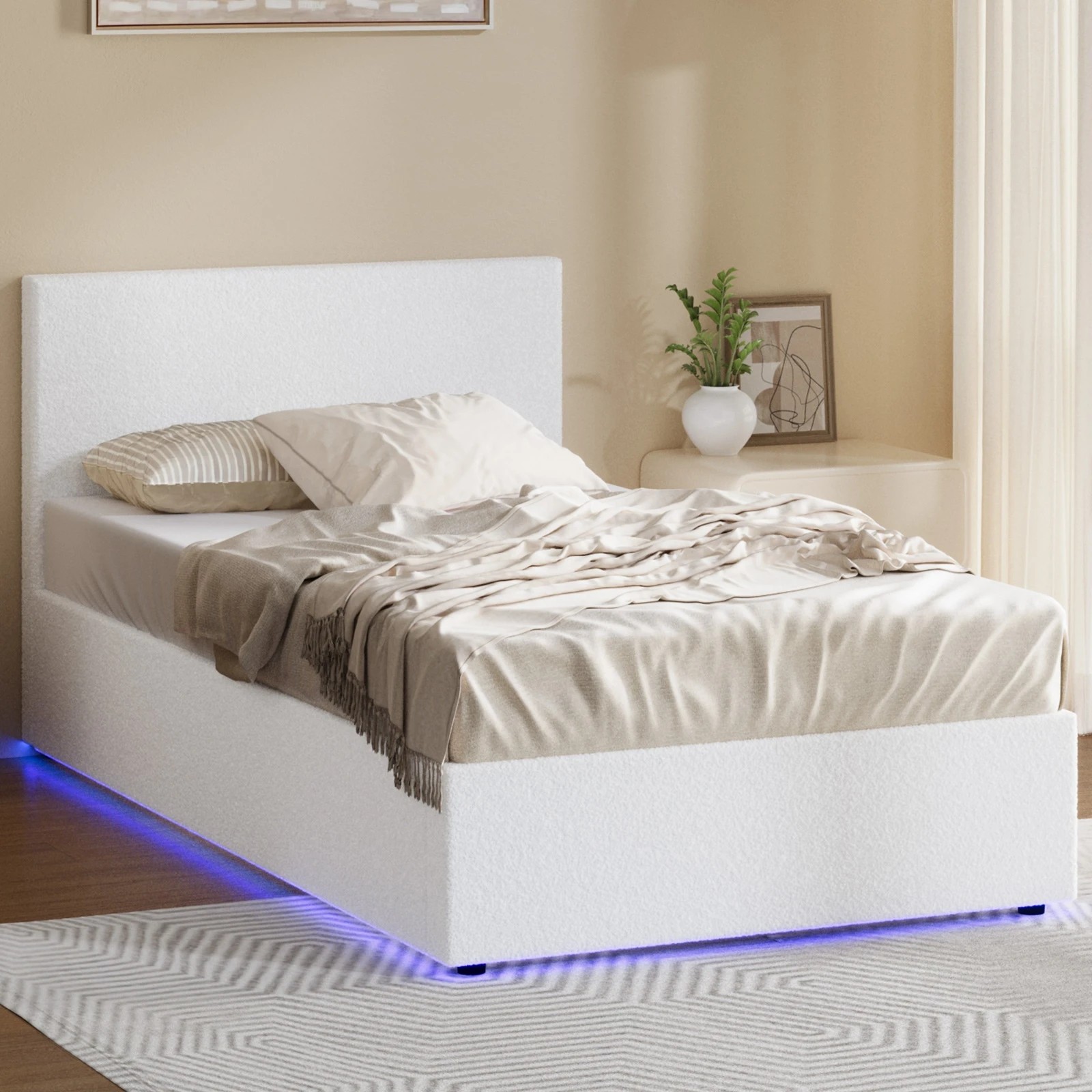 3 Oikiture Bed Frame King Single Size Gas Lift Storage Base LED Beds Boucle - White, 3 of 7