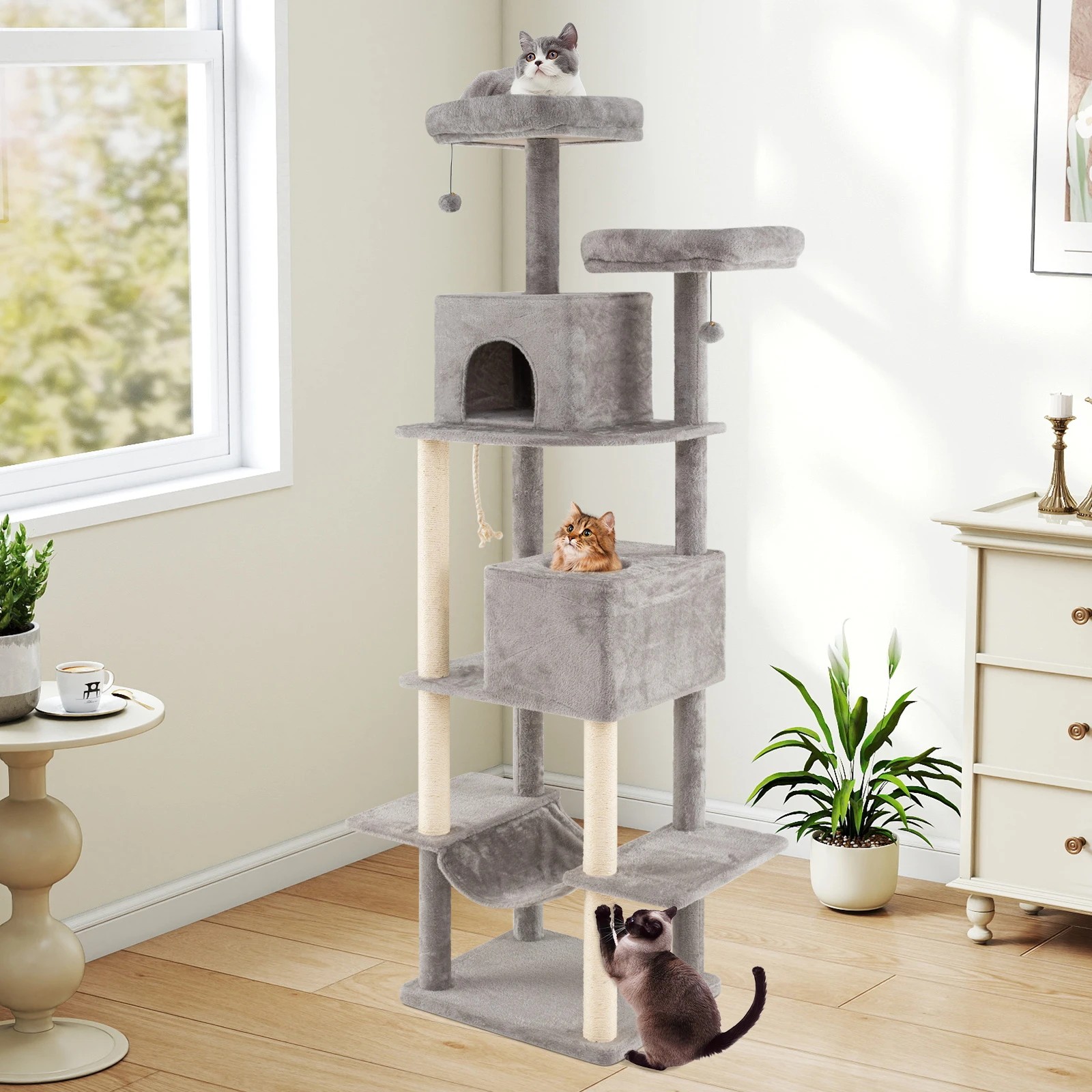 4 Costway 2M Multi-level Cat Tree Kitty Climbing Tower w/2 Condos & Hammock, 4 of 6