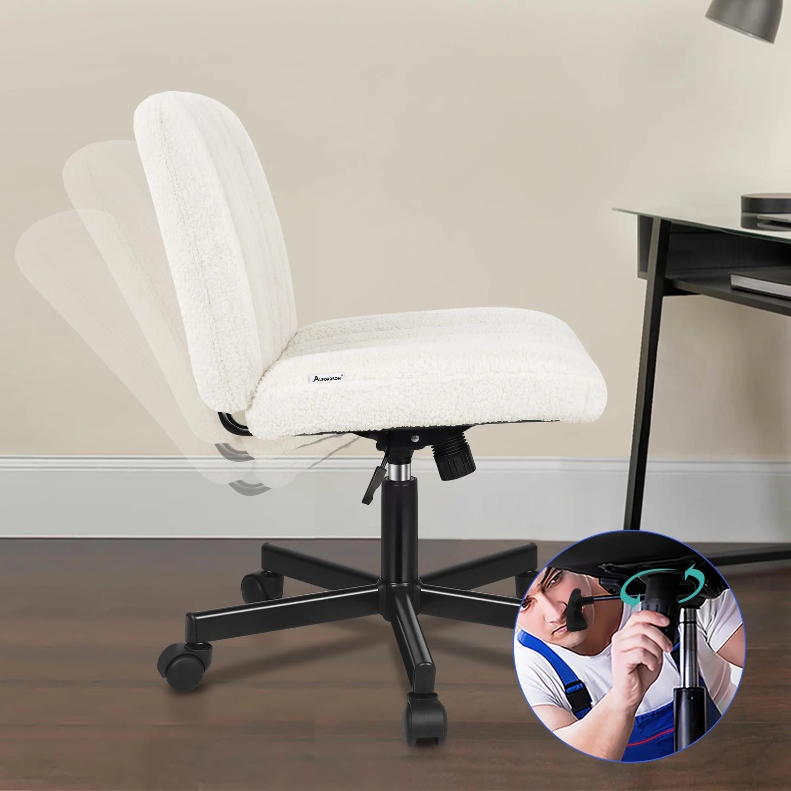 5 Alfordson Office Desk Chair Computer Armless Wide Seat Mid Back Boucle - White, 5 of 9