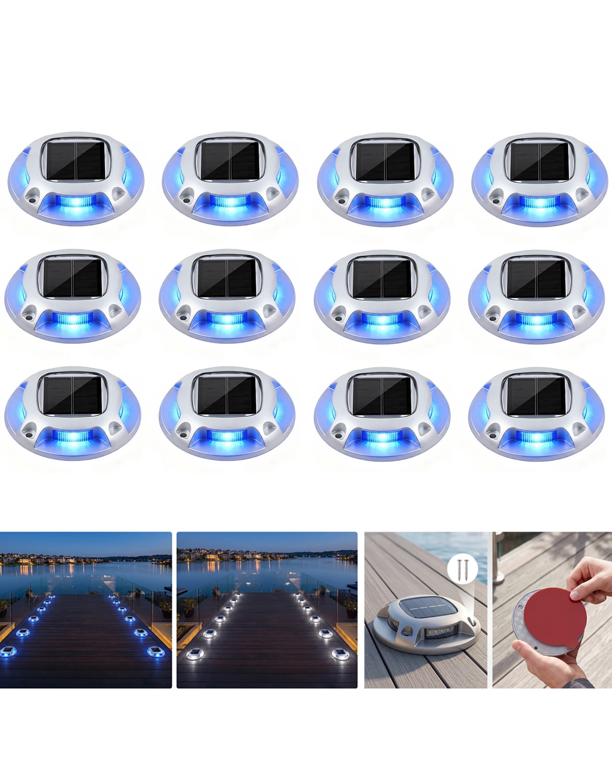 3 Advwin Solar Deck Lights 12 Pack, 2 Color in 1 Driveway Lights 8 LEDs P68, Outdoor Dock Lights Up to 16H - Silver, 3 of 8