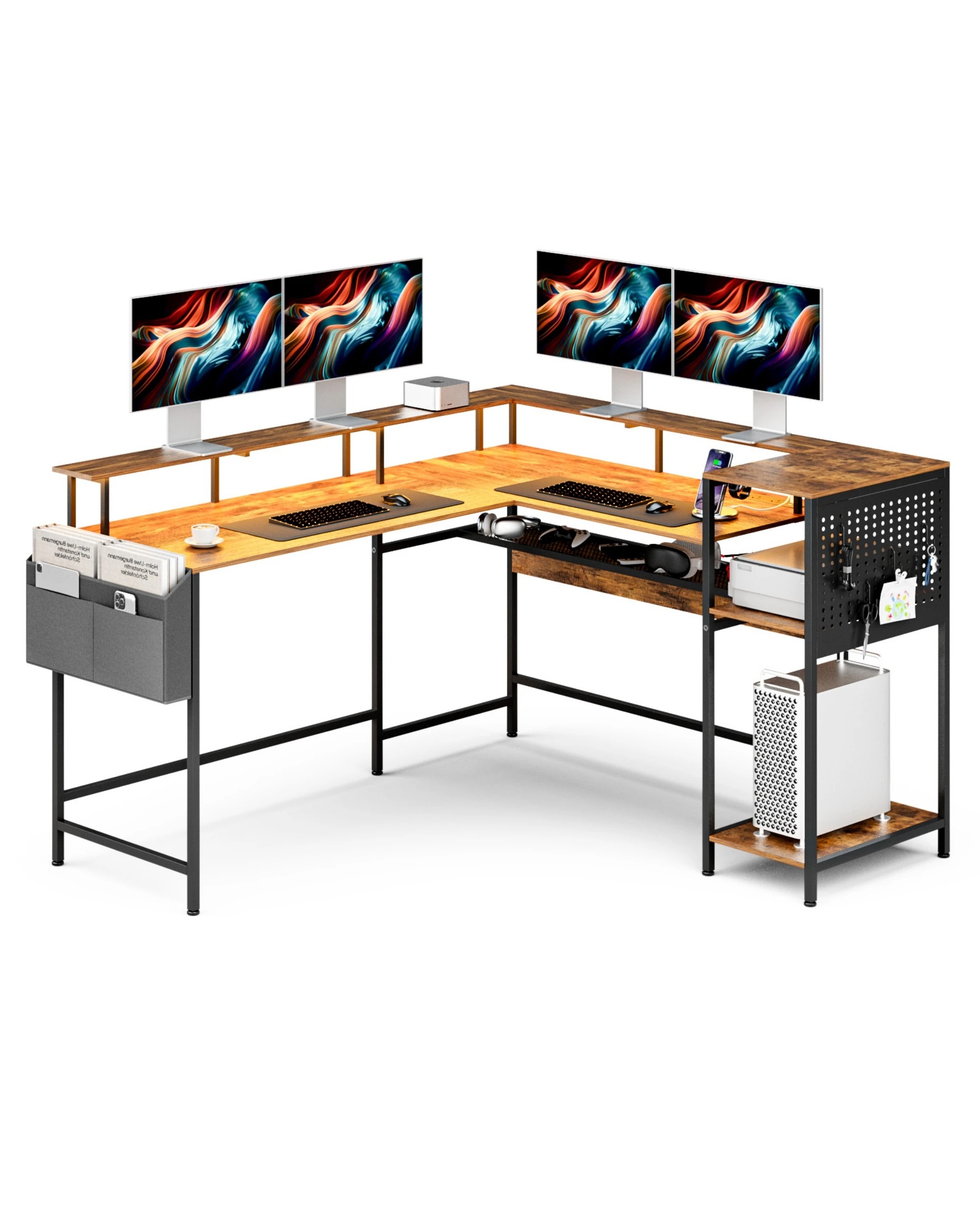 6 Advwin 150cm L Shaped Computer Desk w/ LED Lights & Power Outlets Convertible Gaming Desk  - Brown, 6 of 10