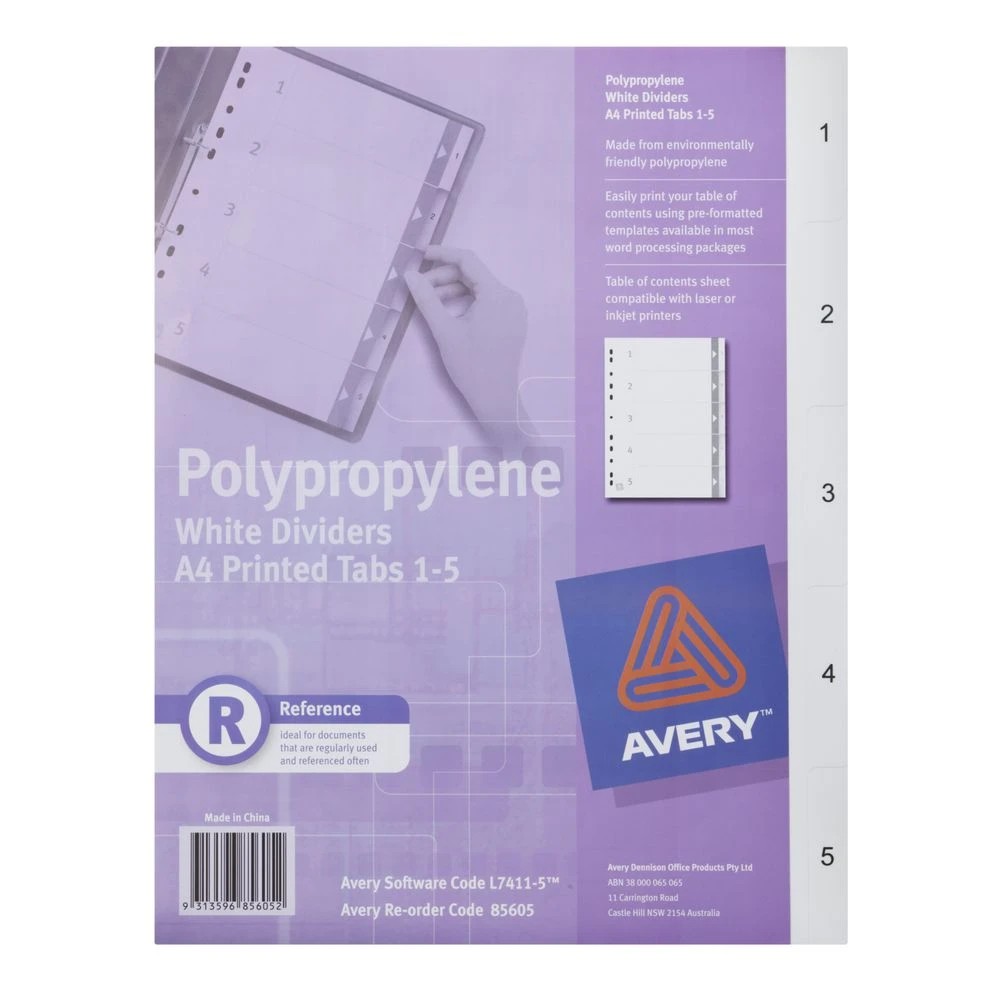 2 Avery A4 Polypropylene Divider 1-5 Tab White, 2 of 2
