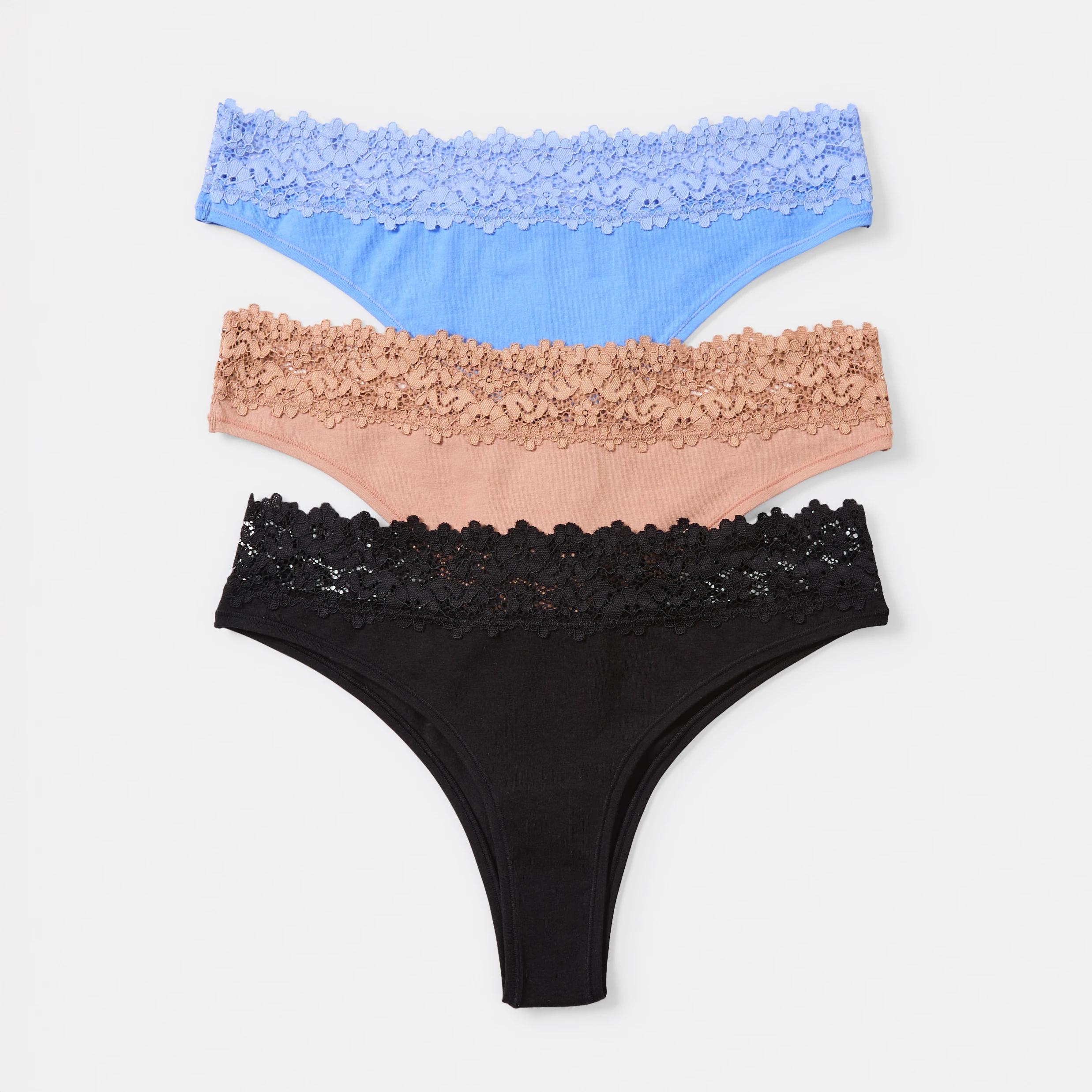 2 3 Pack Cotton Lace Tanga Briefs BLACK, SOFT CLAY, HYDRANGEA, 2 of 8