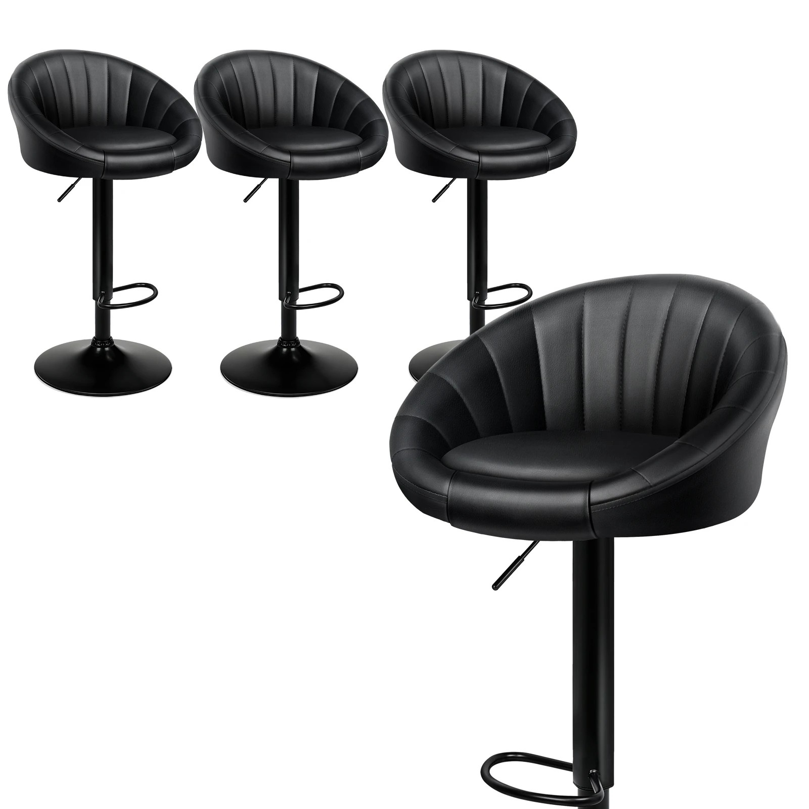 1 Alfordson 4x Bar Stools Gas Lift Leather Chairs Kitchen Swivel - All Black, 1 of 10