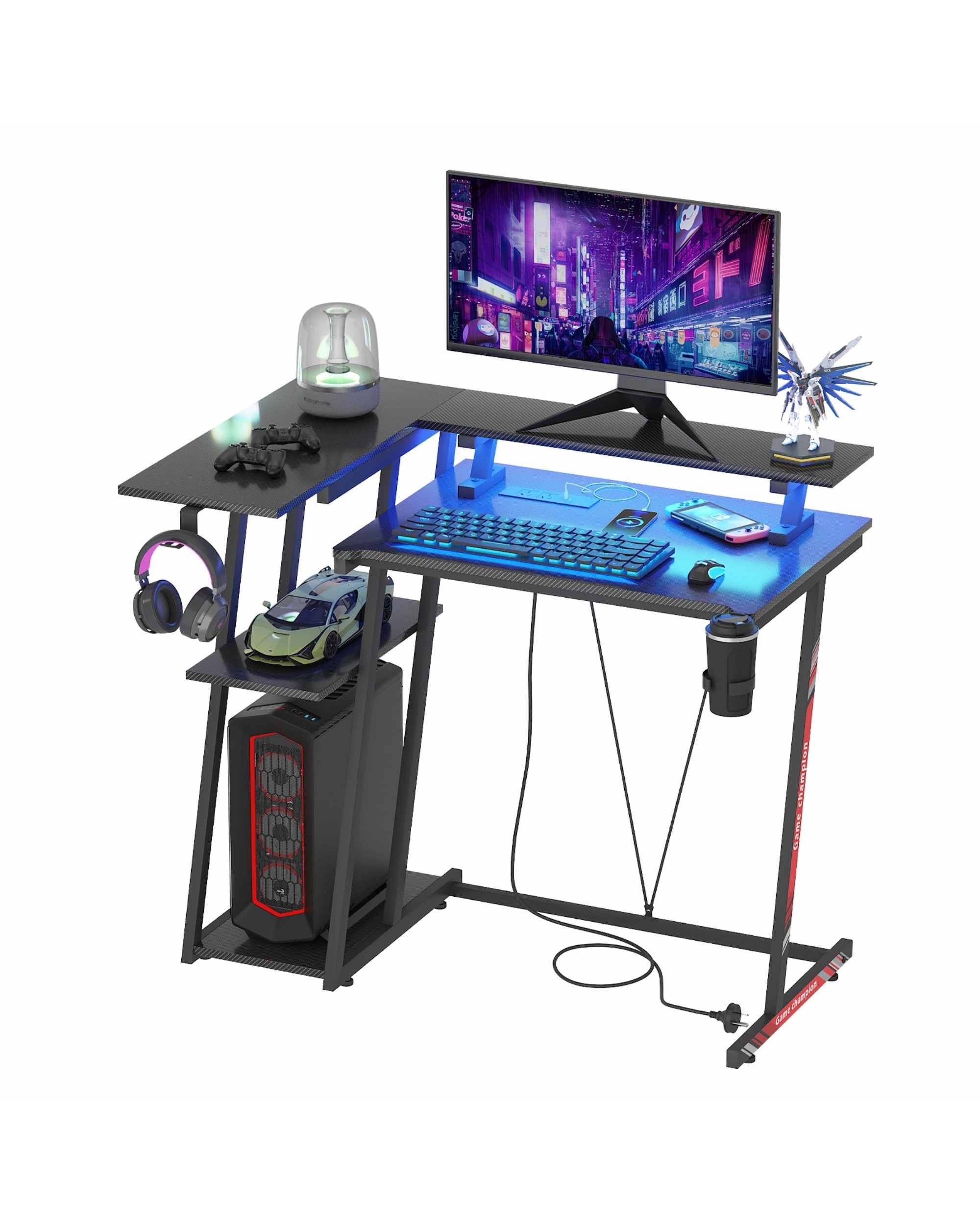 5 Ufurniture 100cm L Shape Gaming Desk, RGB LED Lights, Power Outlet, Corner Gamer Table with Monitor Stand - Black, 5 of 9