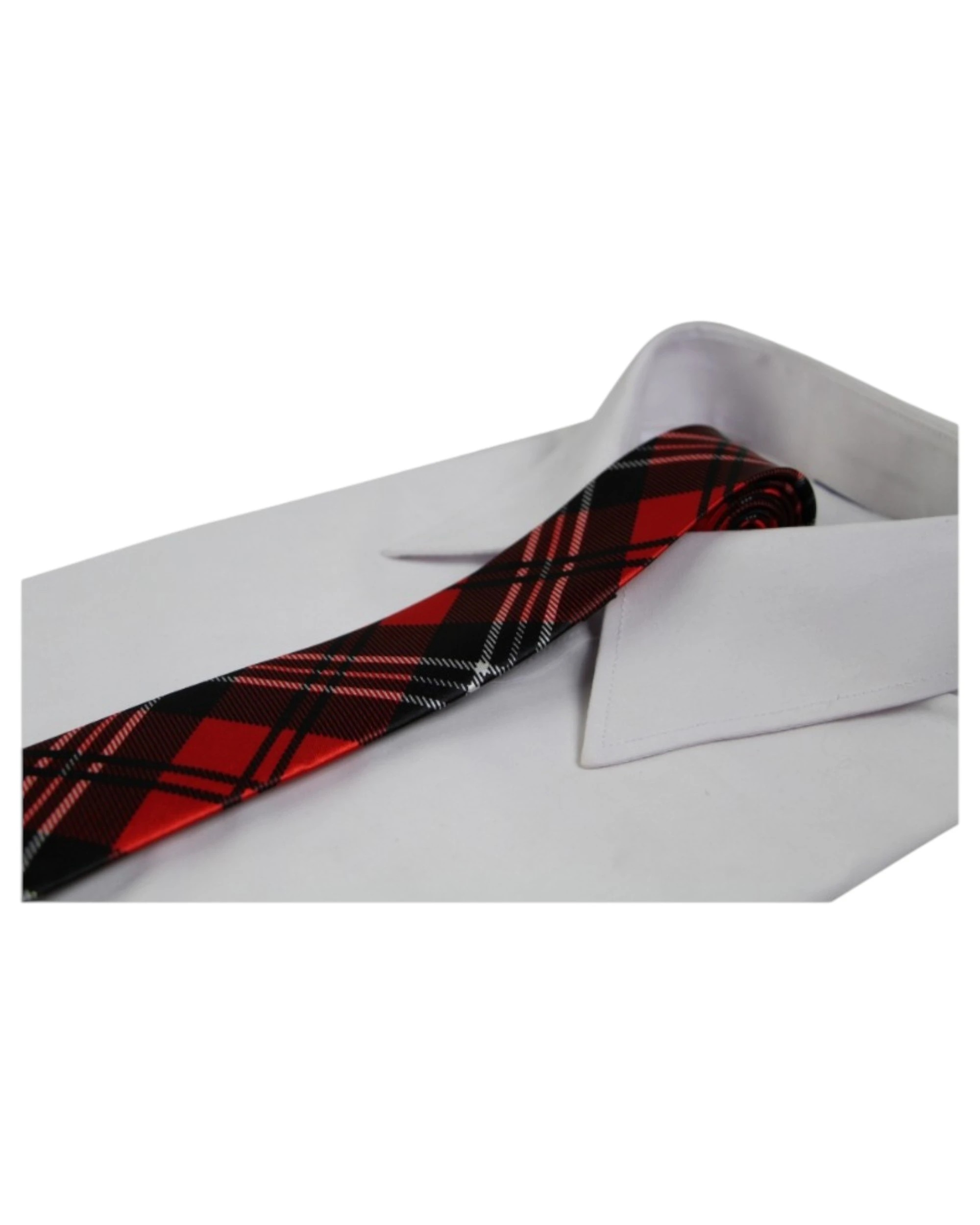 1 Zasel Mens Red & Black Plaid Striped 5cm Skinny Neck Tie, 1 of 2