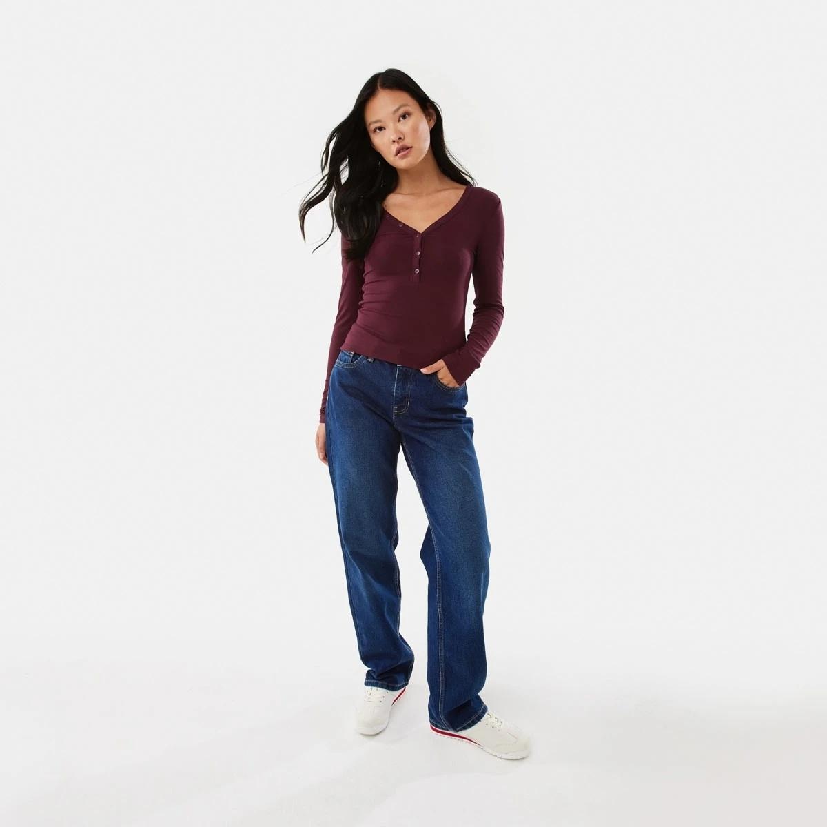 2 Long Sleeve Rib Henley Top Burgundy, 2 of 6