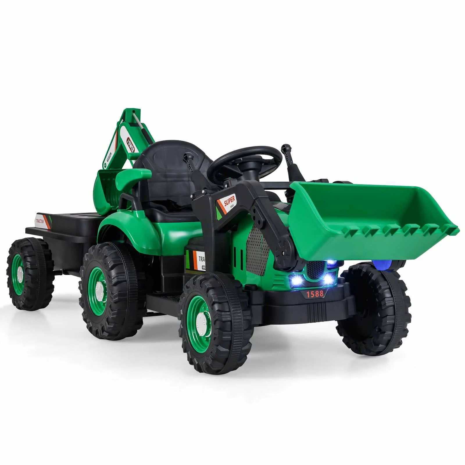 1 Costway 4 in 1 Ride On 12V Electric Excavator Toy Tractor Bulldozer - Green, 1 of 1