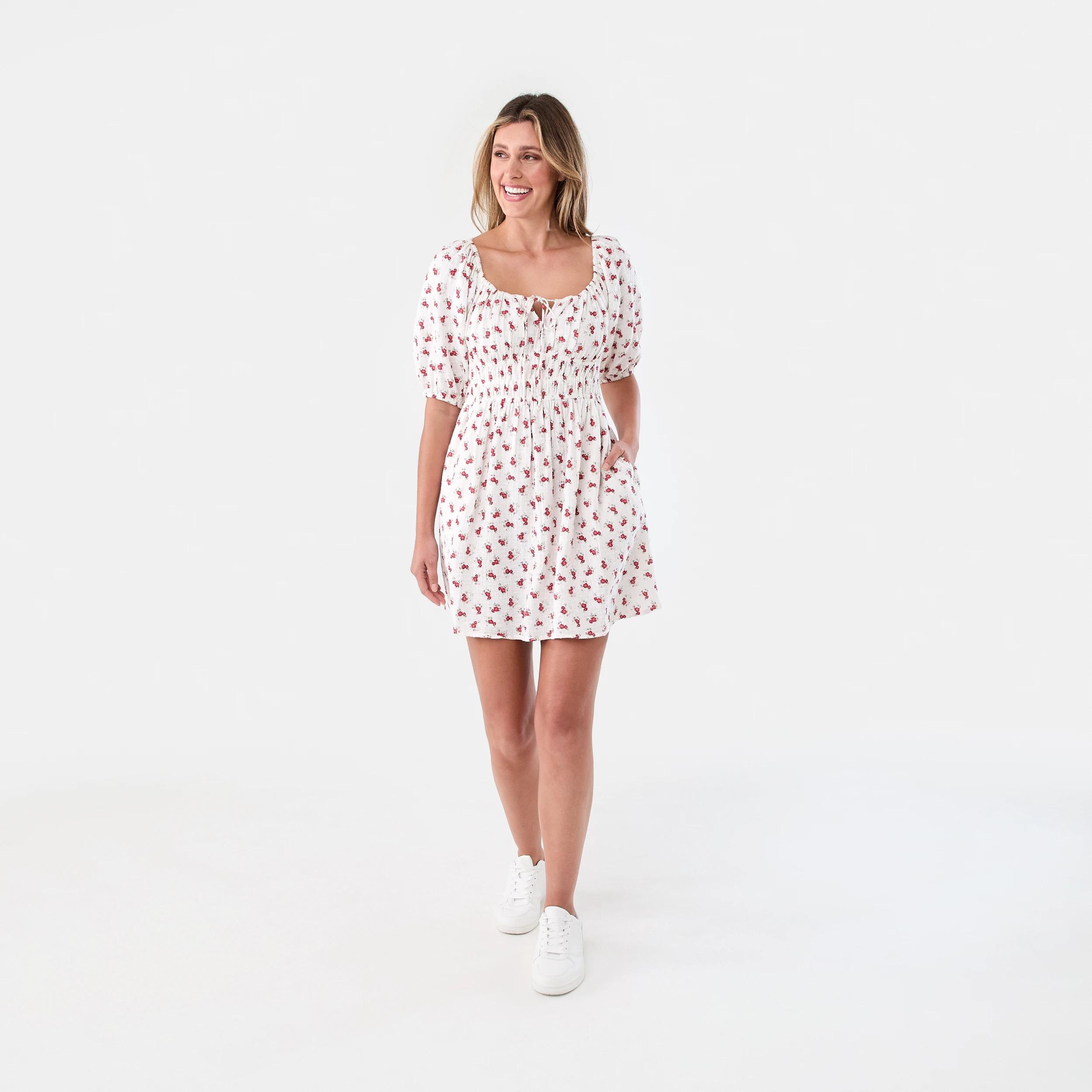 9 Short Puff Sleeve Mini Dress Rose Ditsy, 9 of 9