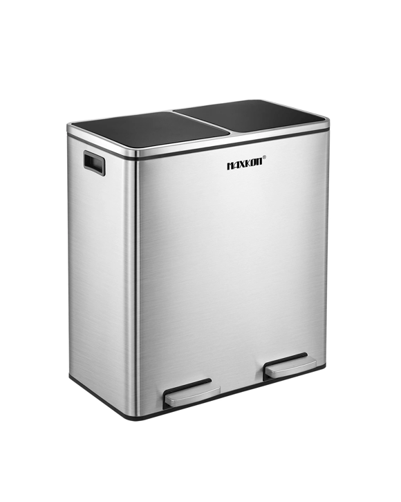 Maxkon 60L Rubbish Bin Dual Compartment Dustbin Pedal Recycling Trashcan Kitchen Waste Garbage Stainless Steel