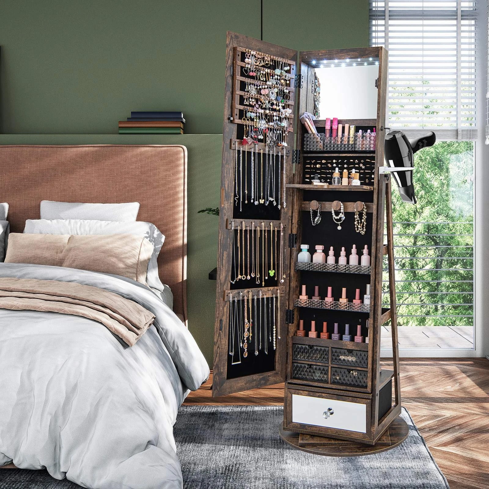 2 Costway 360° Swivel Jewelry Cabinet LED Jewelry Armoire w/Vanity Table Storage Shelves - Brown, 2 of 5