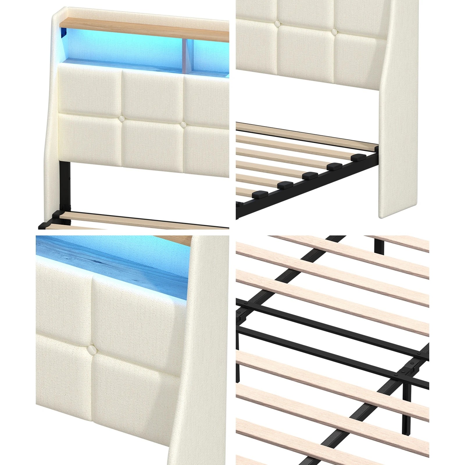 5 Oikiture King Size Bed Frame Headboard RGB Lights with Drawer USB Charge - Beige, 5 of 6