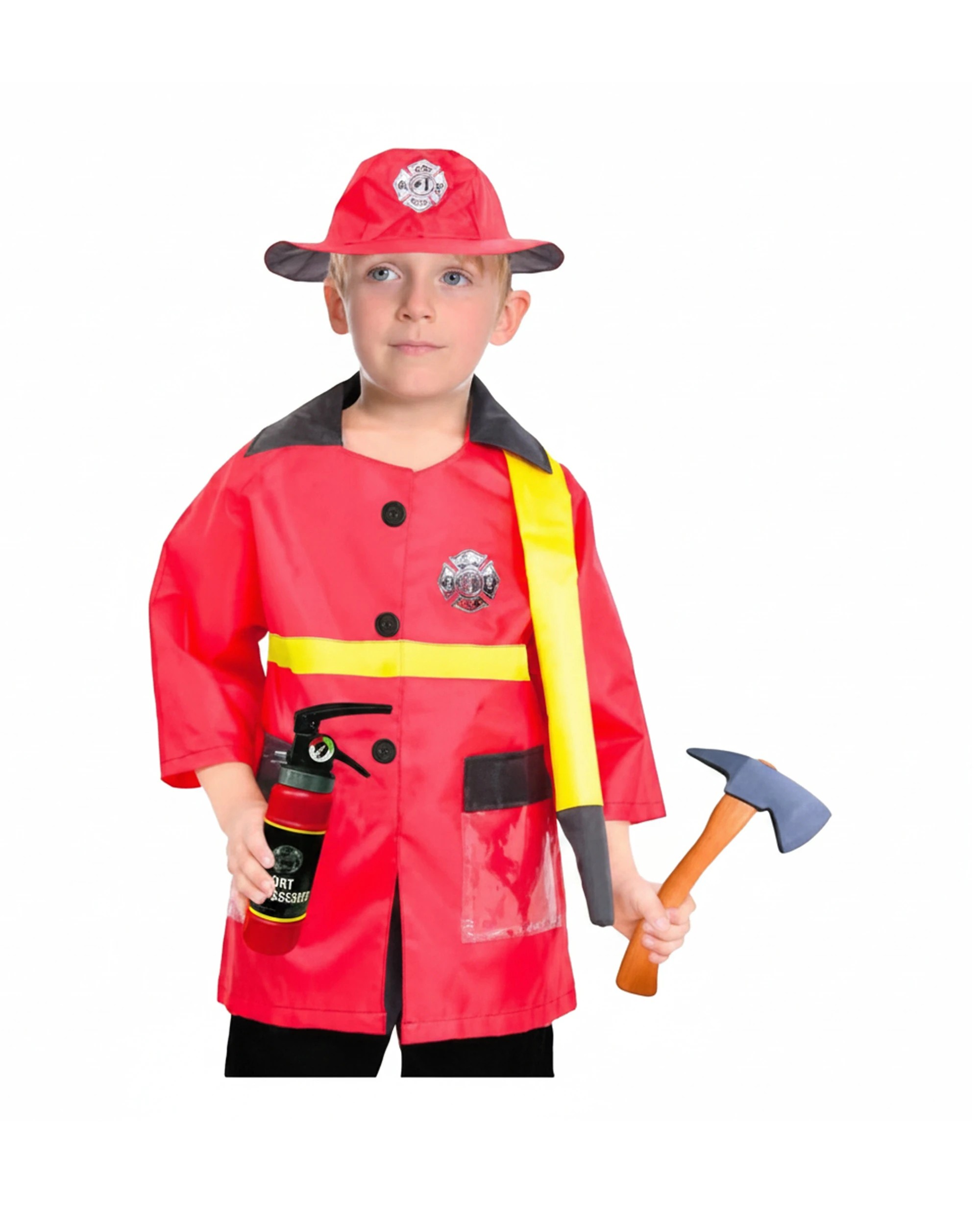 1 JD Party Boys Children Fire Fighter Kids Costume Large 130-150cm With Props - Red, 1 of 1