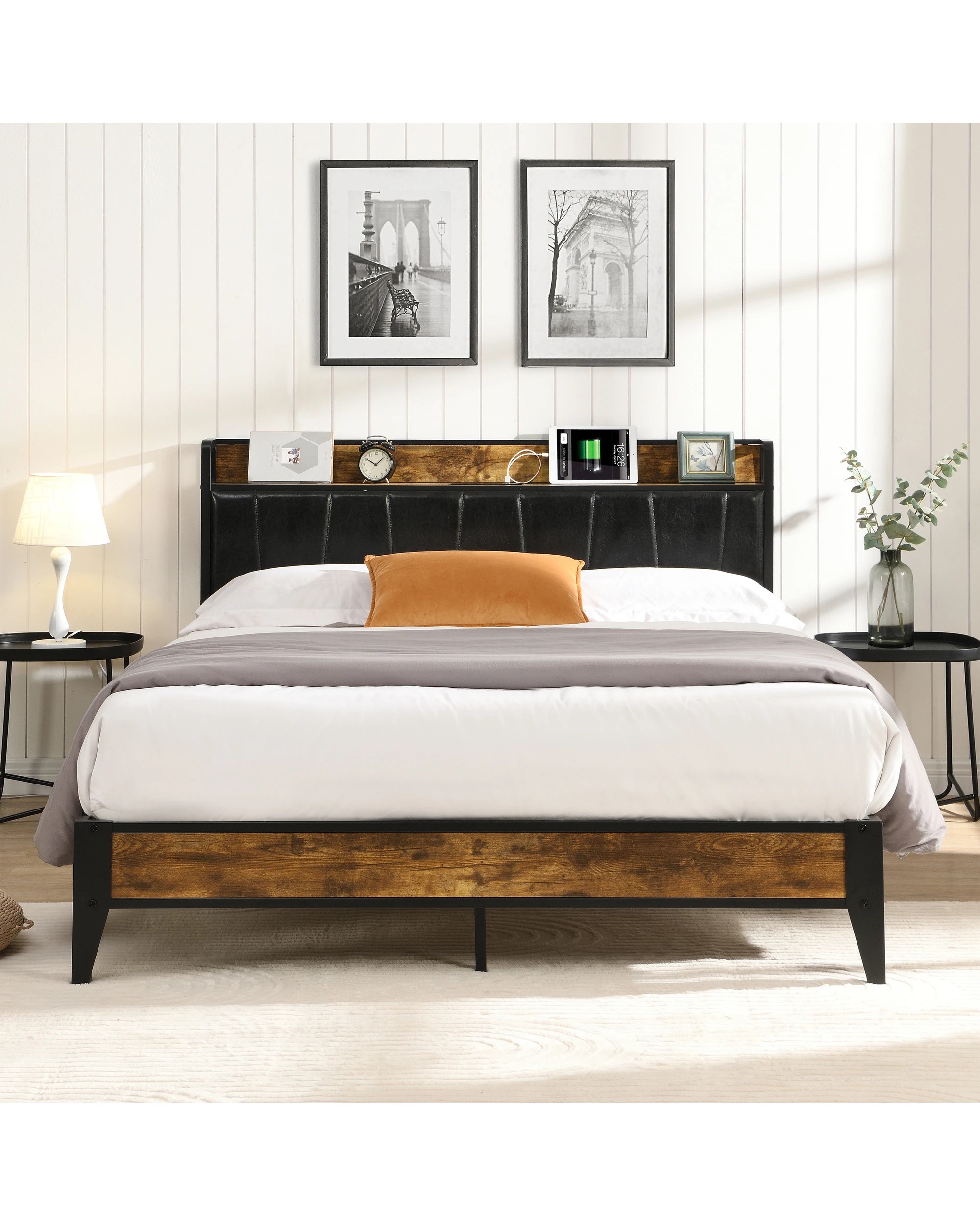 3 IHOMDEC BED03 Double Bed Frame Charging Station - Brown - Brown, 3 of 10