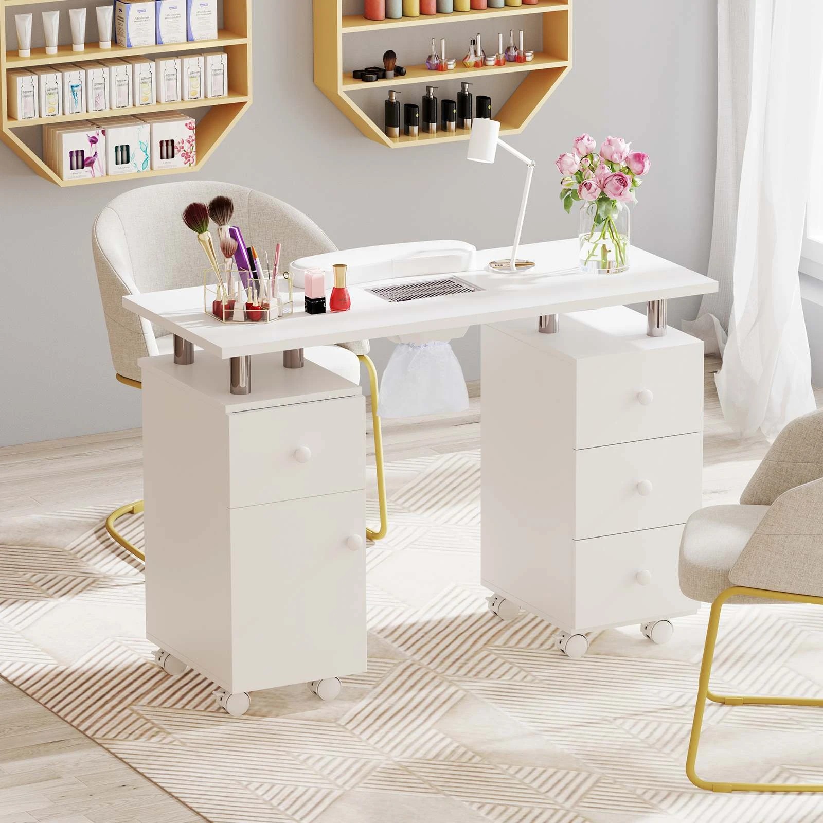 2 Costway 4 Drawers Rolling Manicure Nail Table w/Electric Dust Collector Nail Tech Desk - White, 2 of 3