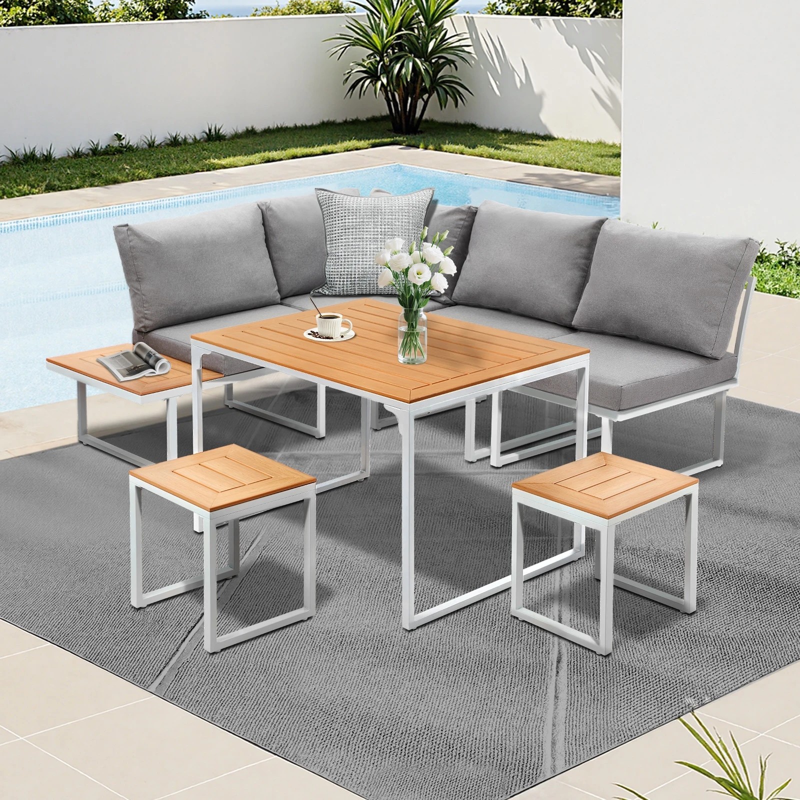3 Livsip 6 Seater Outdoor Dining Sofa Set Lounge Furniture Patio Stool - Multi, 3 of 8