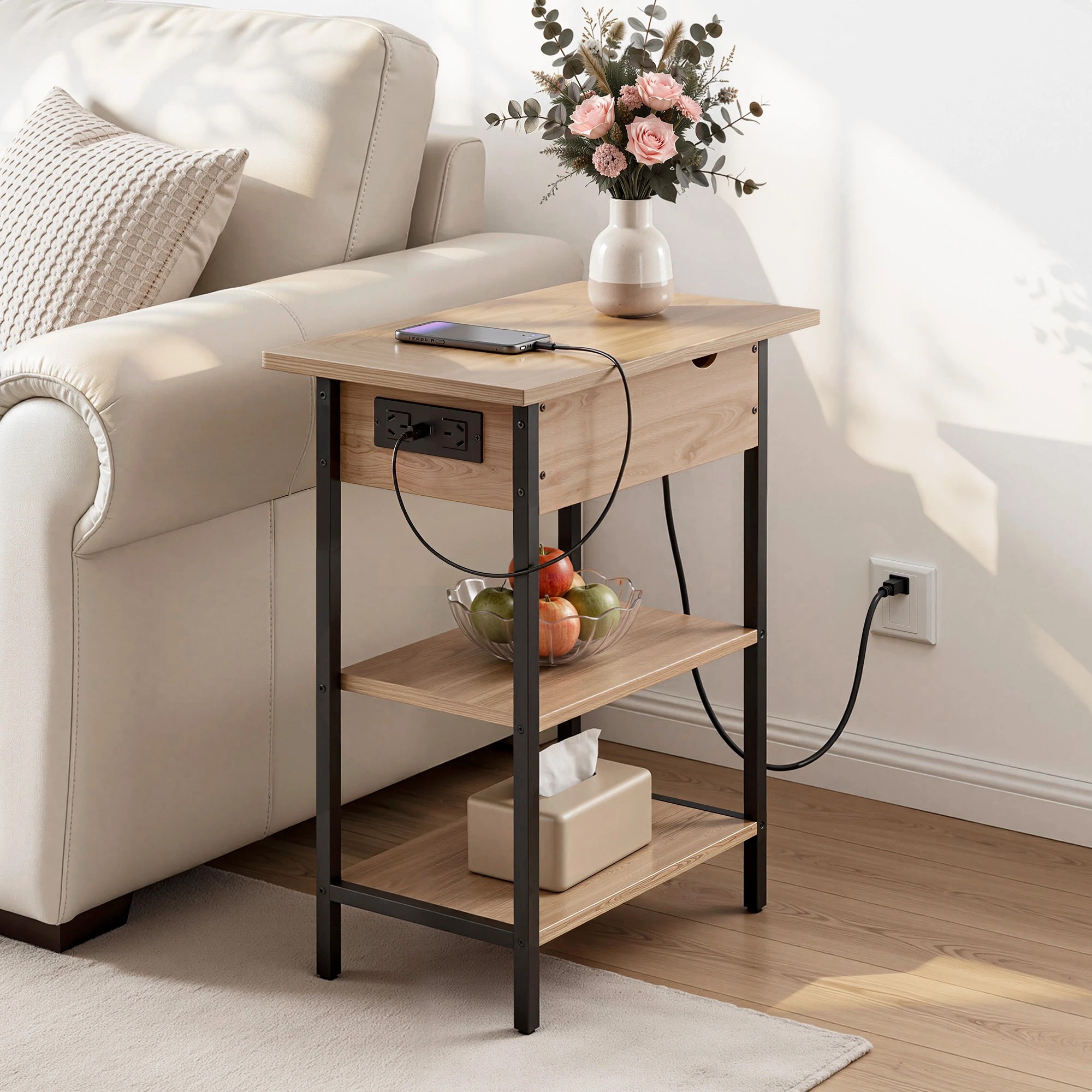 2 Artiss Coffee Table Side Bedside End Table Charging Station Flip-Top Storage 60cm Wood - Black, 2 of 7