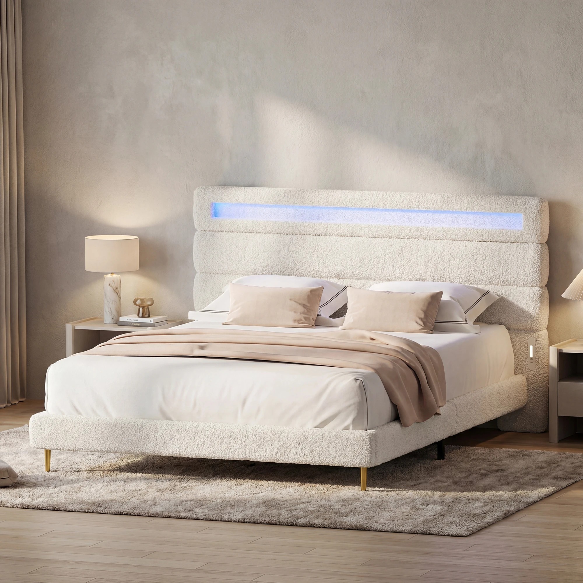 2 Advwin Double Cloud Bed Frame Teddy Fleece Upholstered LED Light Charging Ports - White, 2 of 8