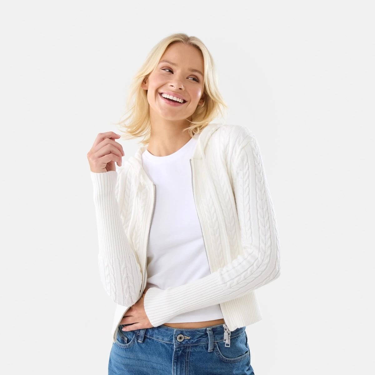 1 Zip Through Cable Cardigan Ecru, 1 of 9