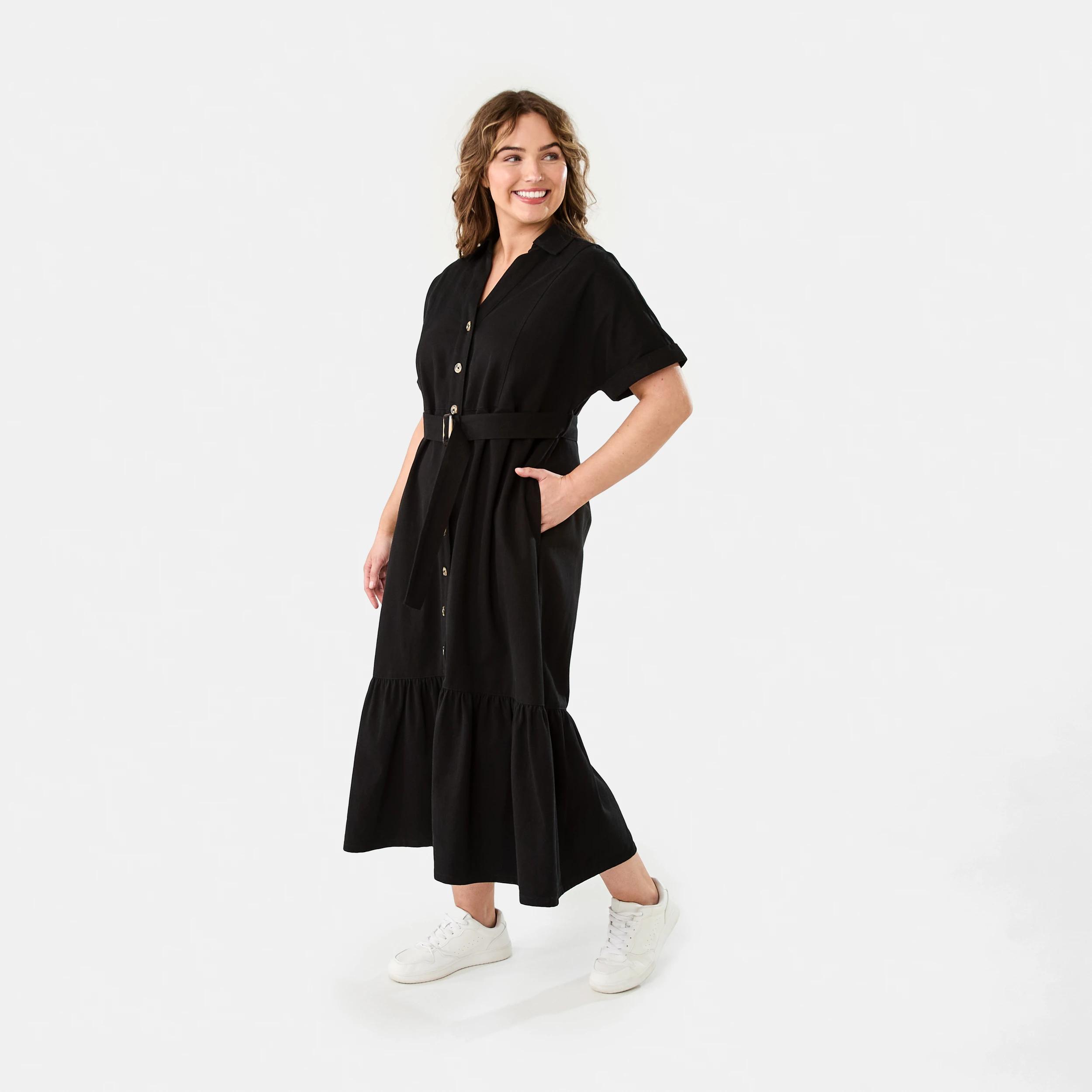 3 Short Sleeve Denim Button Through Midi Dress BLACK, 3 of 9