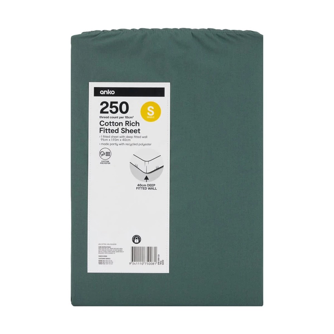 4 250 Thread Count Cotton Rich Fitted Sheet - Single Bed, Teal, 4 of 4