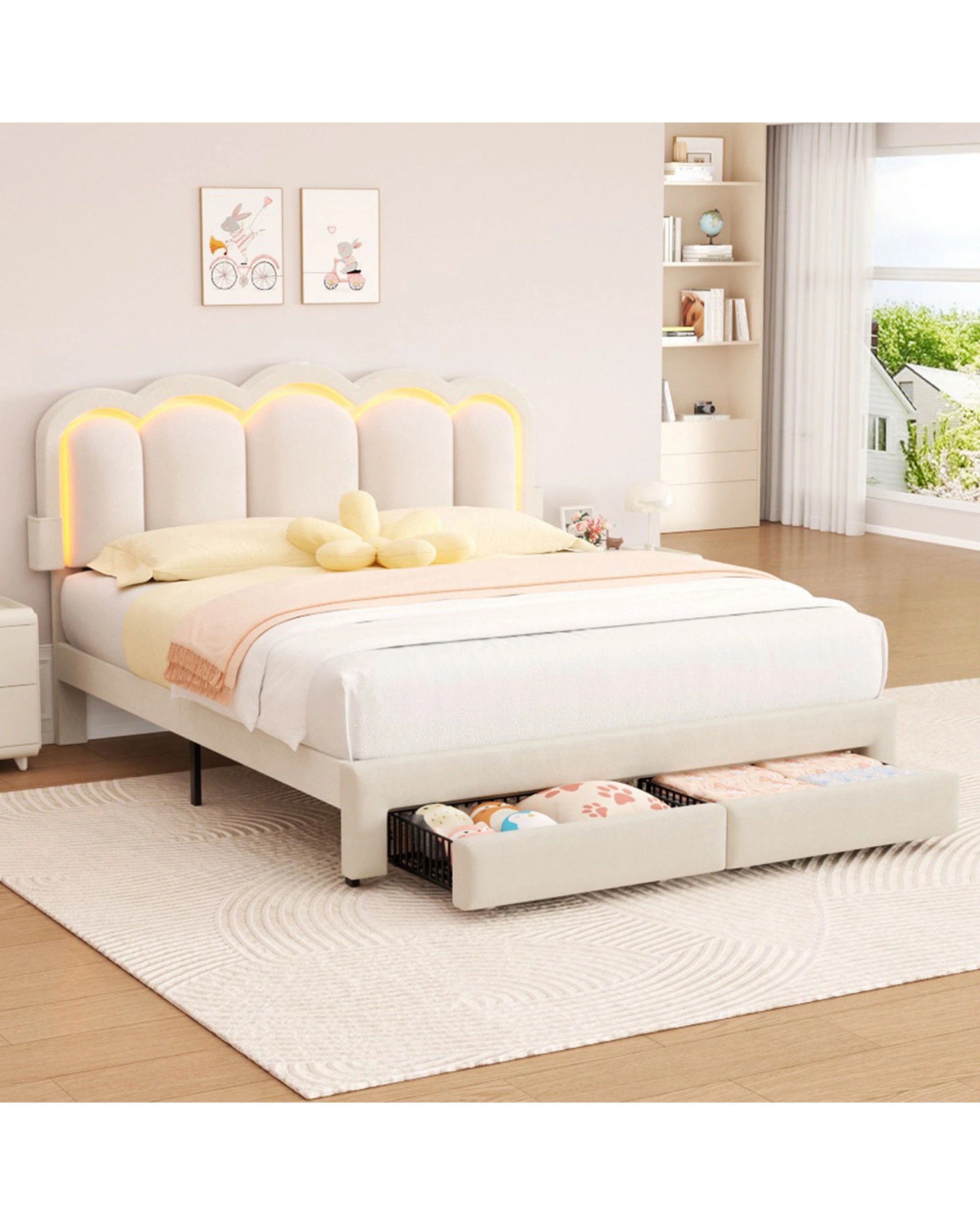 6 Advwin LED Bed Frame with Adjustable Headboard and 2 Storage Drawers USB Velvet Double - Beige, 6 of 8