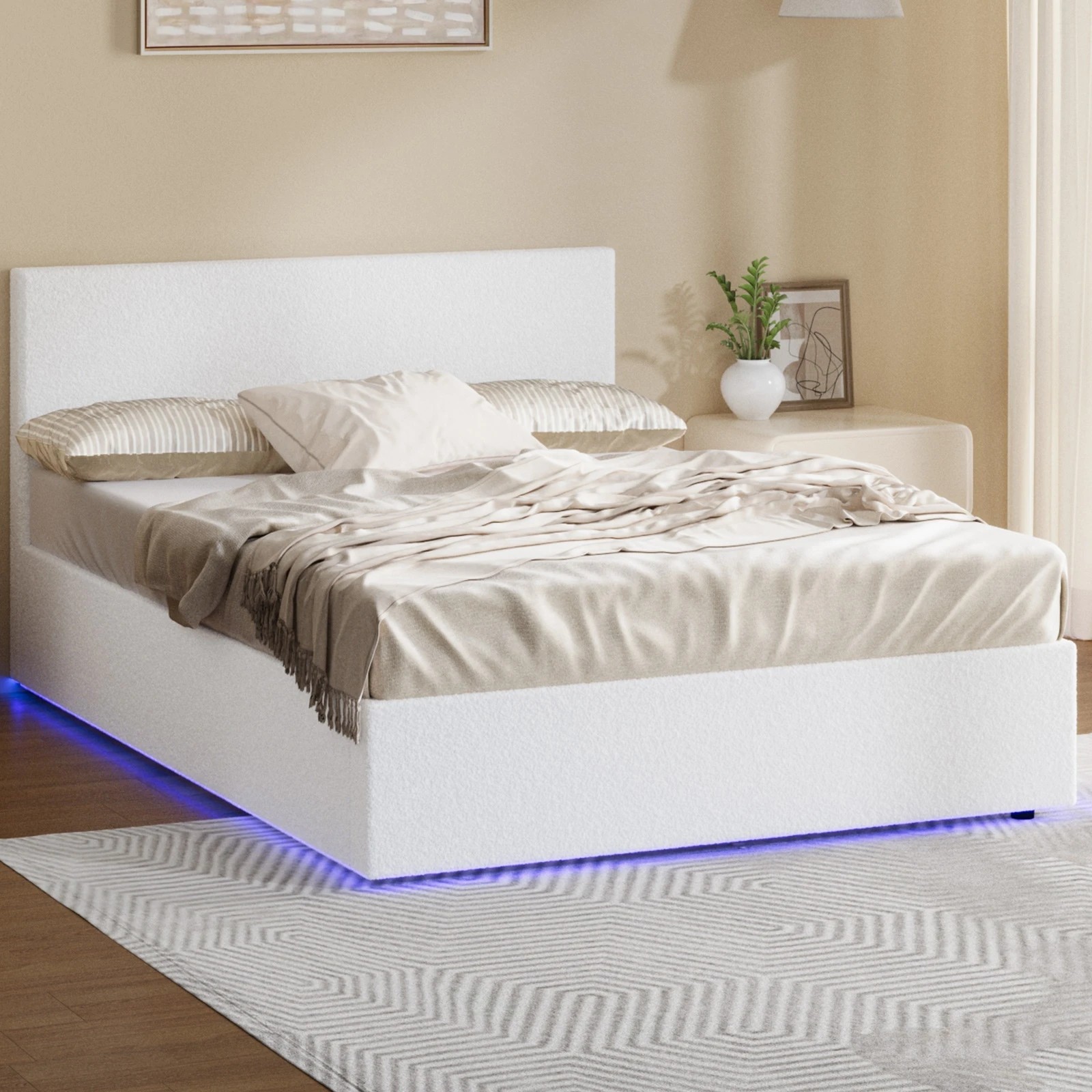 3 Oikiture Bed Frame Queen Size Gas Lift Storage Base LED Beds Boucle - White, 3 of 7