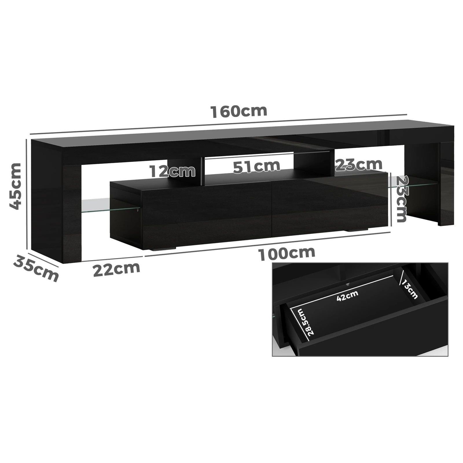 2 Alfordson Entertainment Unit 160cm TV Stand LED Light Storage Gloss - Black, 2 of 10