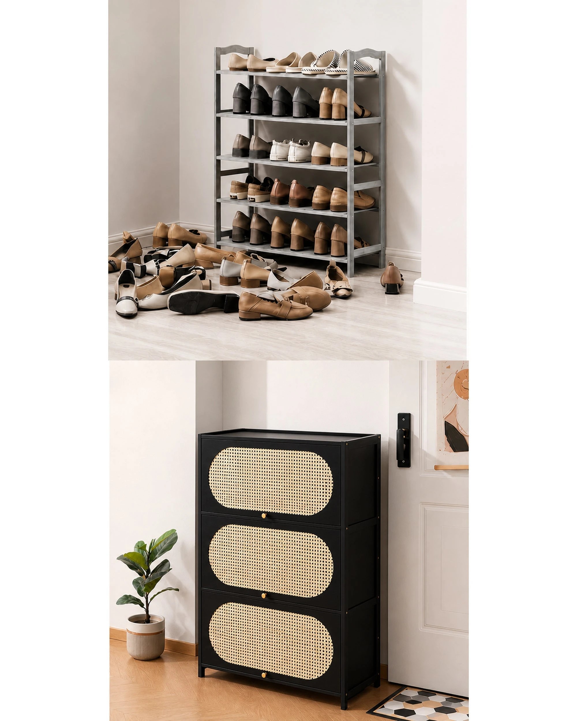8 Foret 7 Tier Black Shoe Cabinet Rattan Flip Door Storage Organiser 80cm, 8 of 9