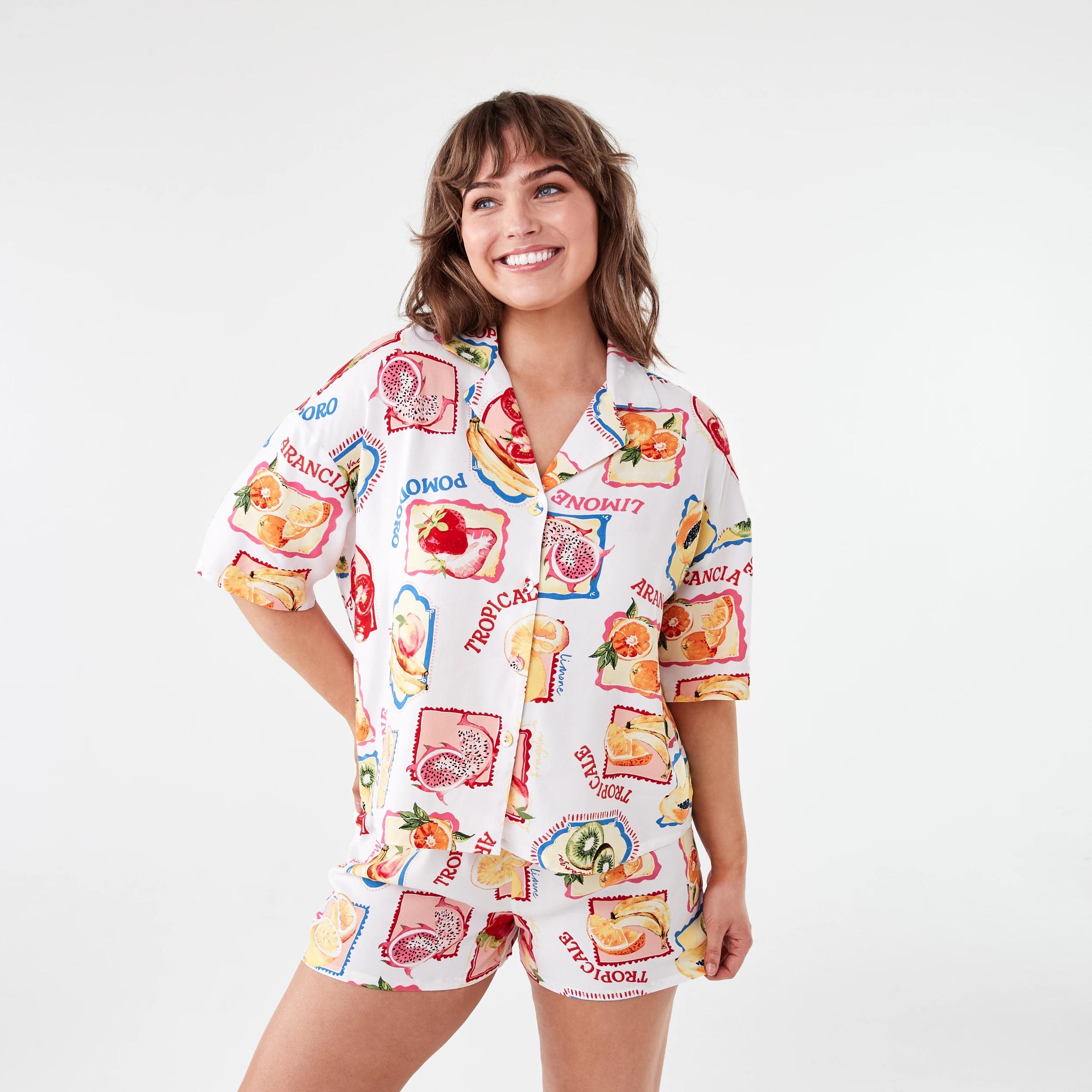 1 Short Sleeve Top and Shorts Woven Boxy Pyjama Set FRUIT FRAME WHITE, 1 of 7