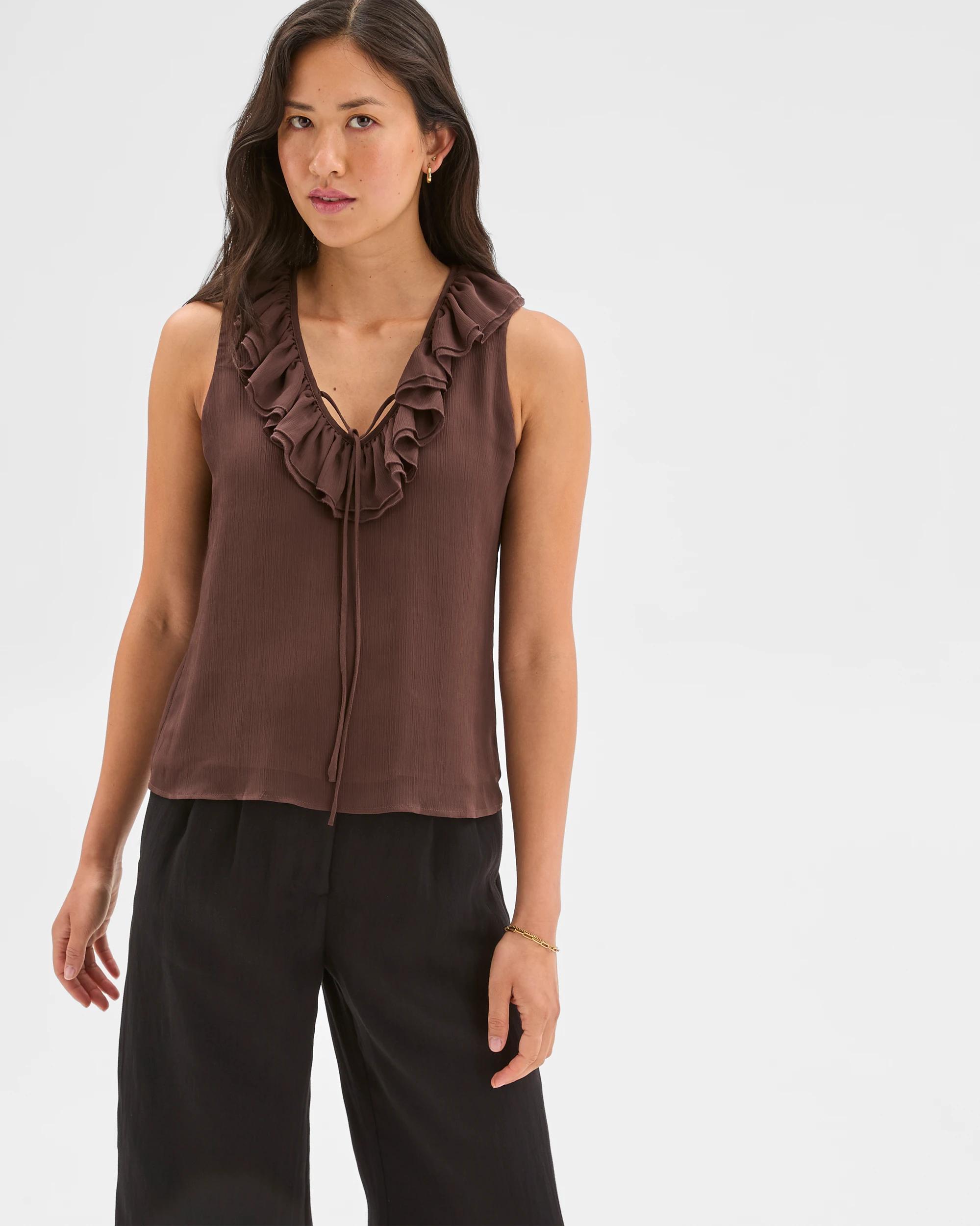 1 Sleeveless Ruffle Blouse - Preview BITTER CHOCOLATE, 1 of 6