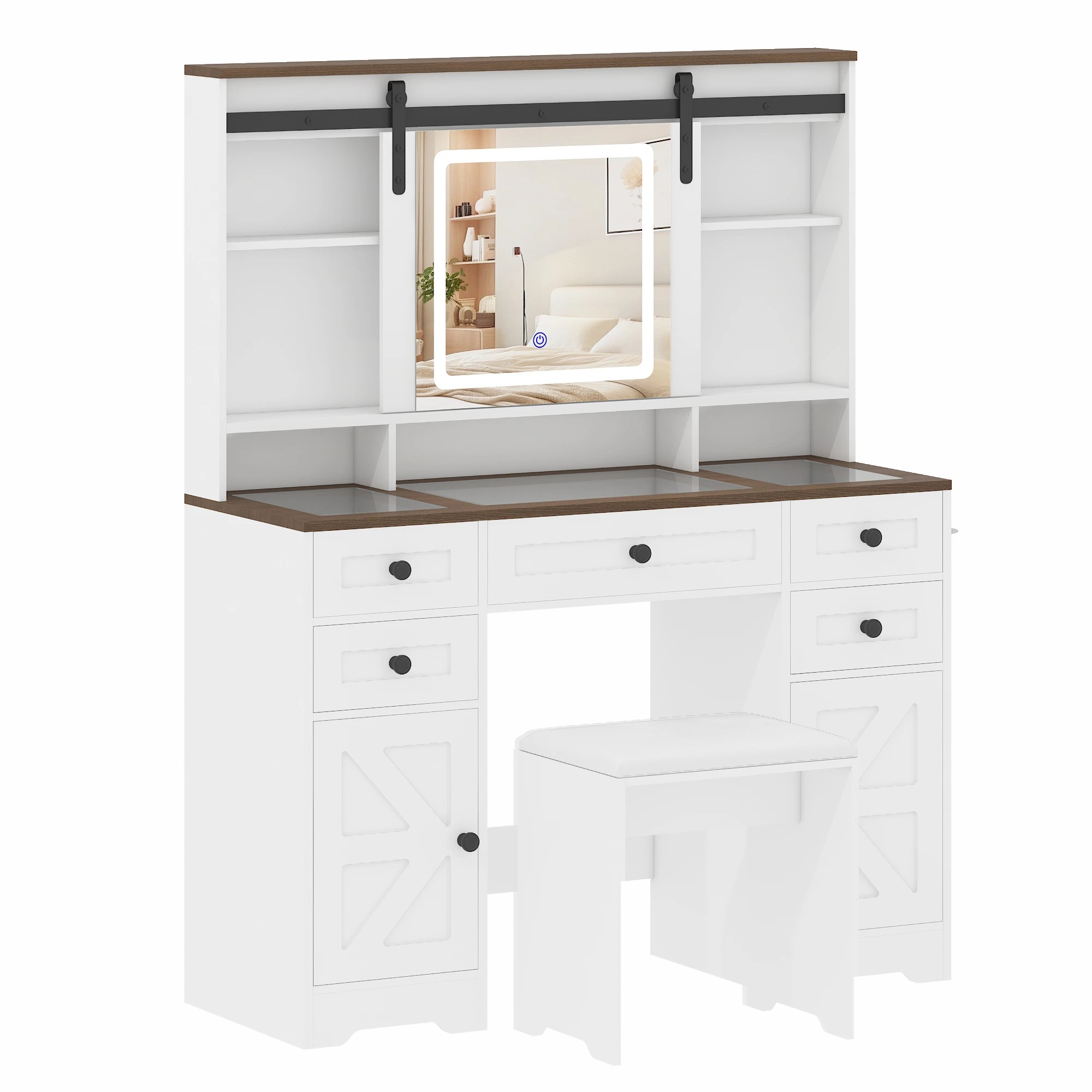 1 Advwin Farmhouse Makeup Vanity Desk with LED Mirror Glass Tabletop & Charging Station - White, 1 of 9