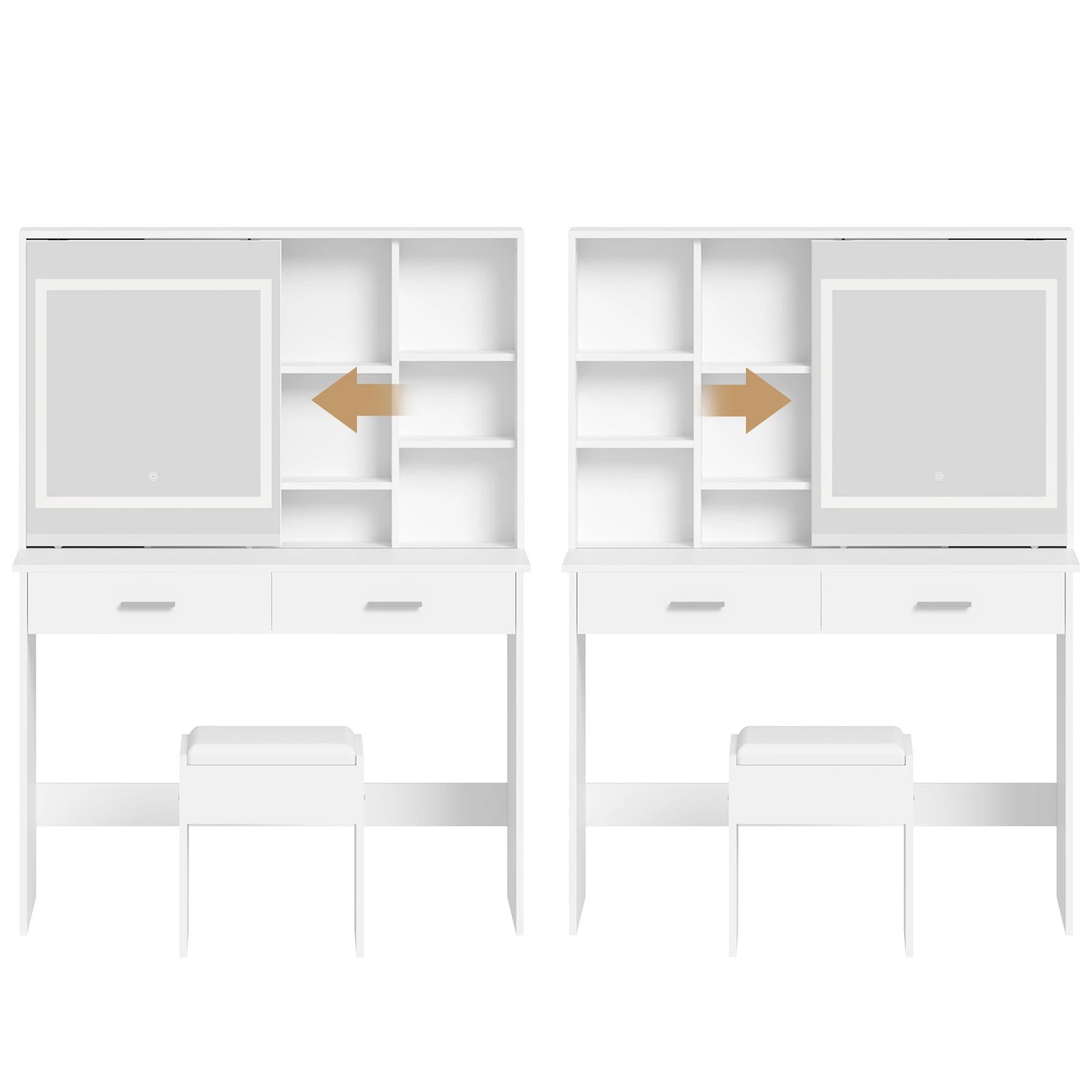 4 Advwin Dressing Table Stool Set With Slide Make Up Led Mirror Vanity Desk With 2 Storage Drawers And Open Storage Shelf, 4 of 7