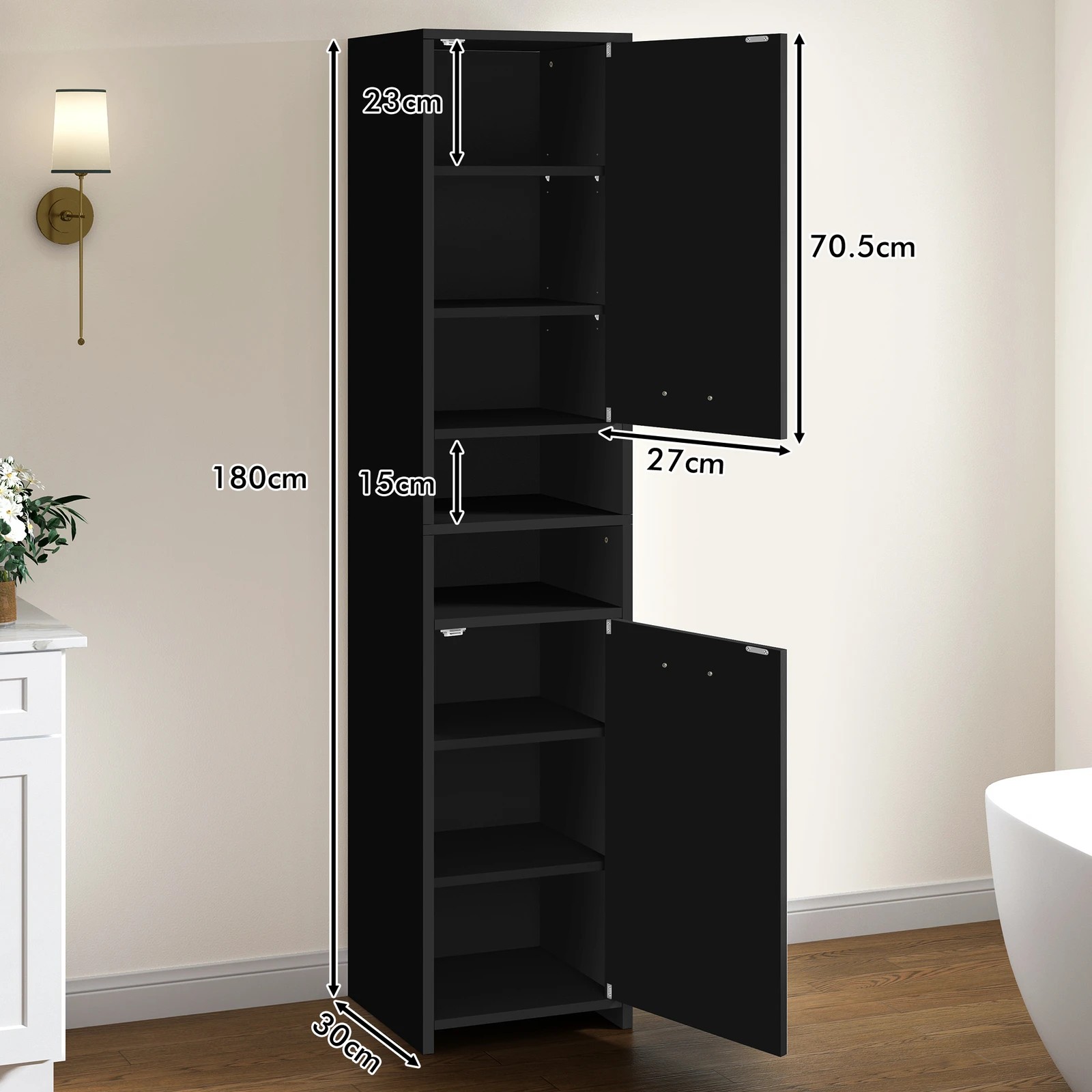 4 Alfordson Tall Cabinet Bathroom Storage Slim Cupboard - Black, 4 of 10