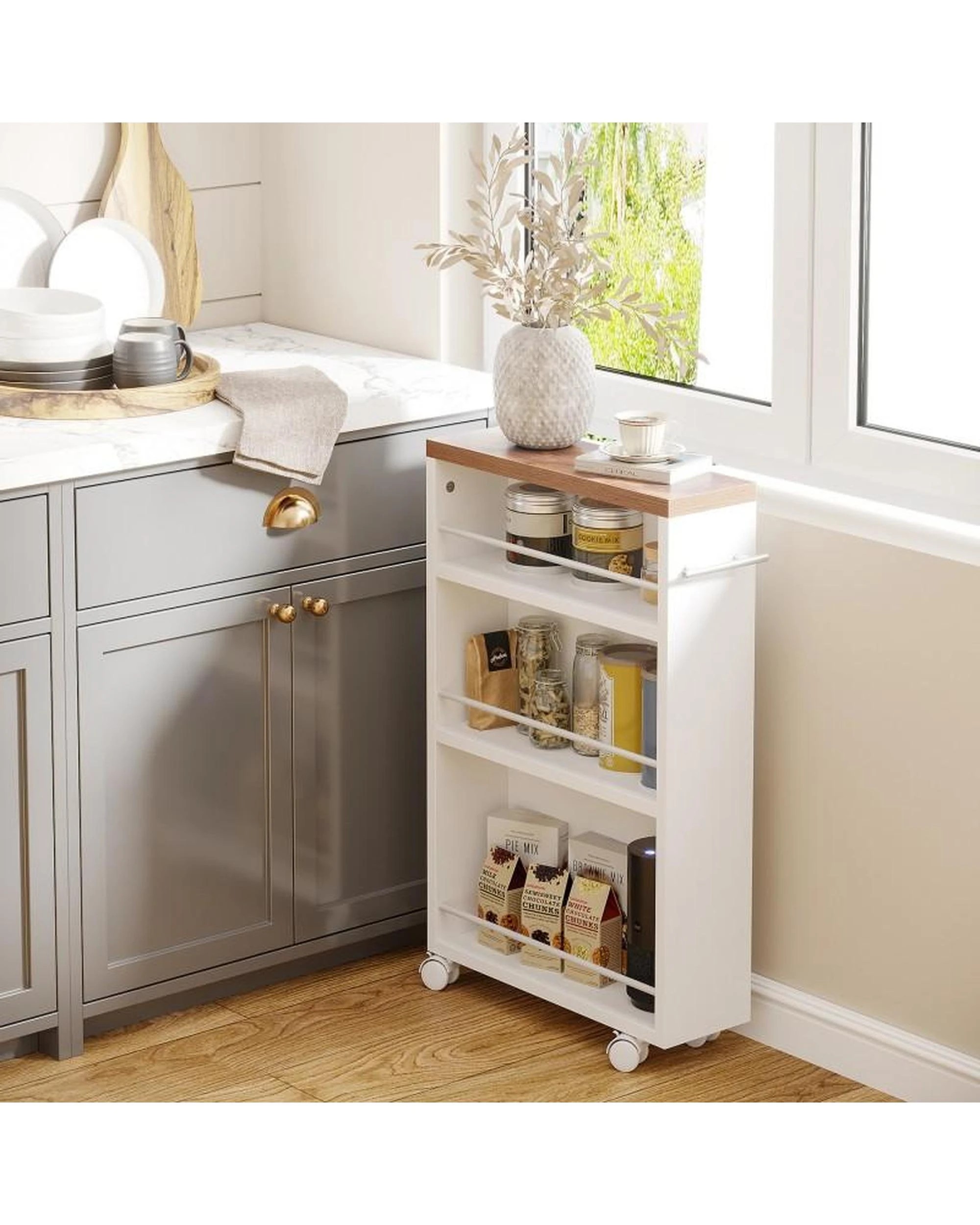 2 OAKORY 80cm Slim 3-Tier Storage Cart, Kitchen Island with Wheels in White  for Narrow Space, 2 of 9