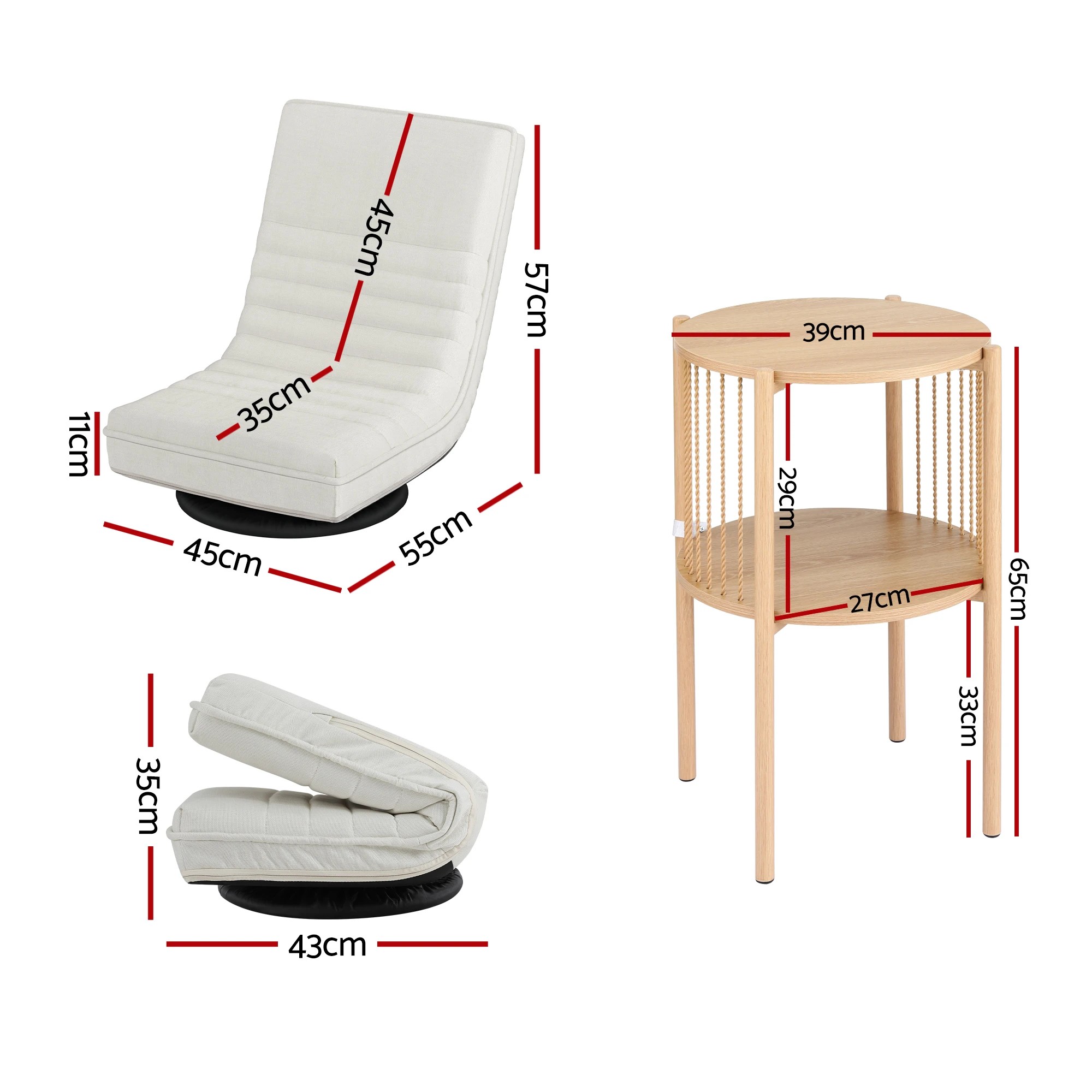 2 Artiss Floor Lounge Folding Swivel Sofa Chair and 2 Tier Round End Side Table Set - White, 2 of 7