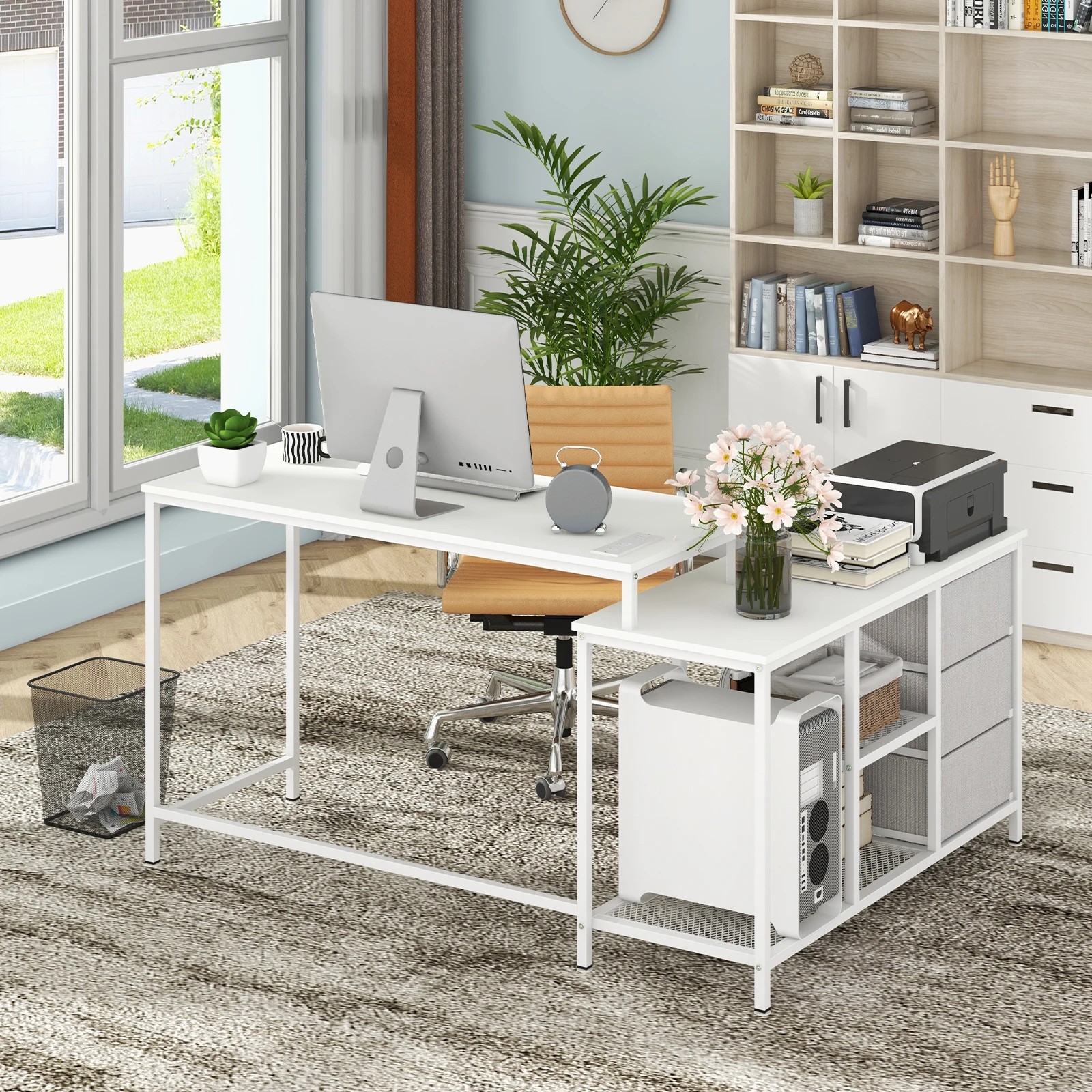 3 Costway L-shaped Computer Desk Home Office Writing Desk w/3 Fabric Drawers & Power Outlet, 3 of 4