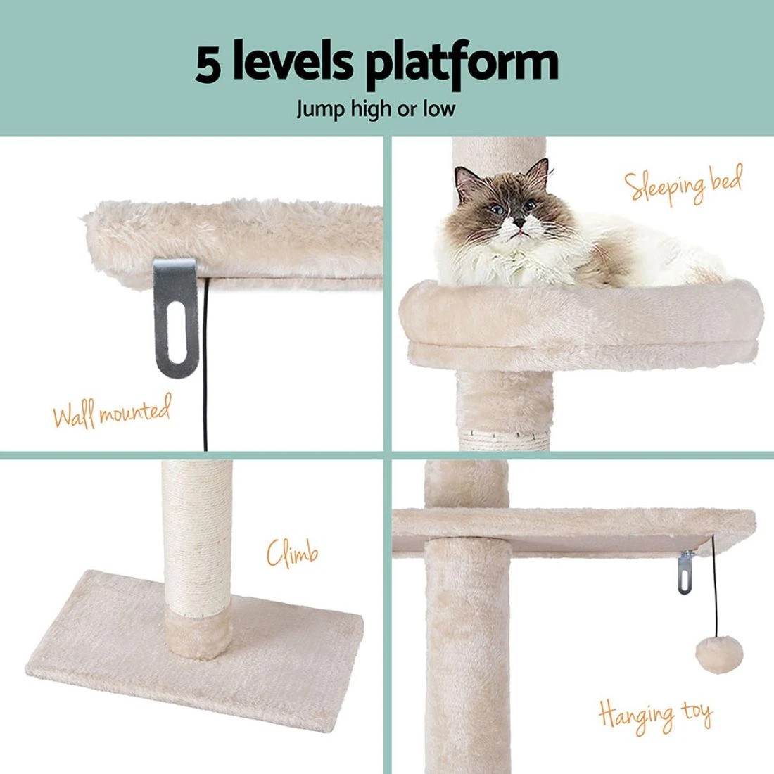 6 i.Pet Cat Tree 290cm Tower Scratching Cats Post Scratcher Floor to Ceiling Bed - Beige, 6 of 6