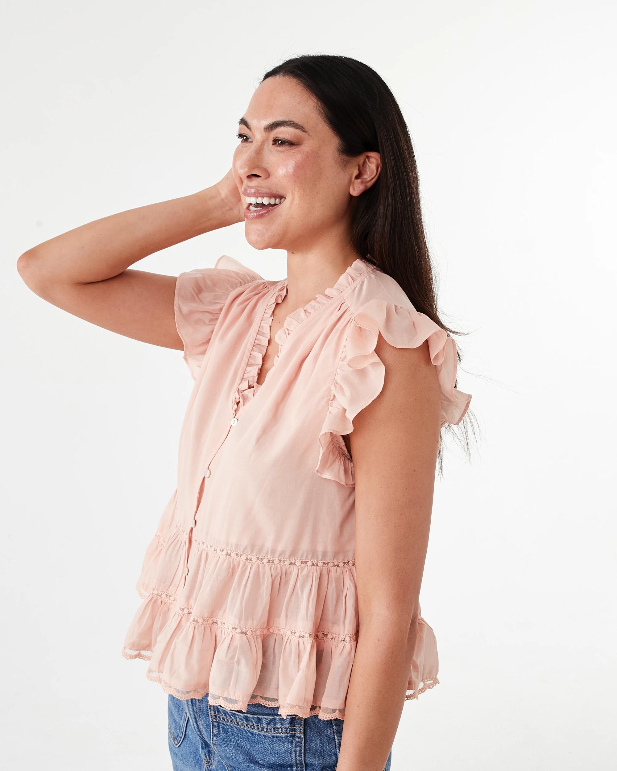 2 Short Sleeve Lace Trim Flutter Top Pale Blush, 2 of 7