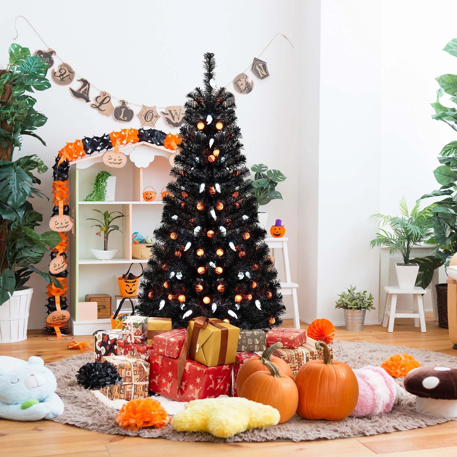 2 Costway 135cm Artificial Christmas Tree Black Pre-lit Spooky Tree, 2 of 3